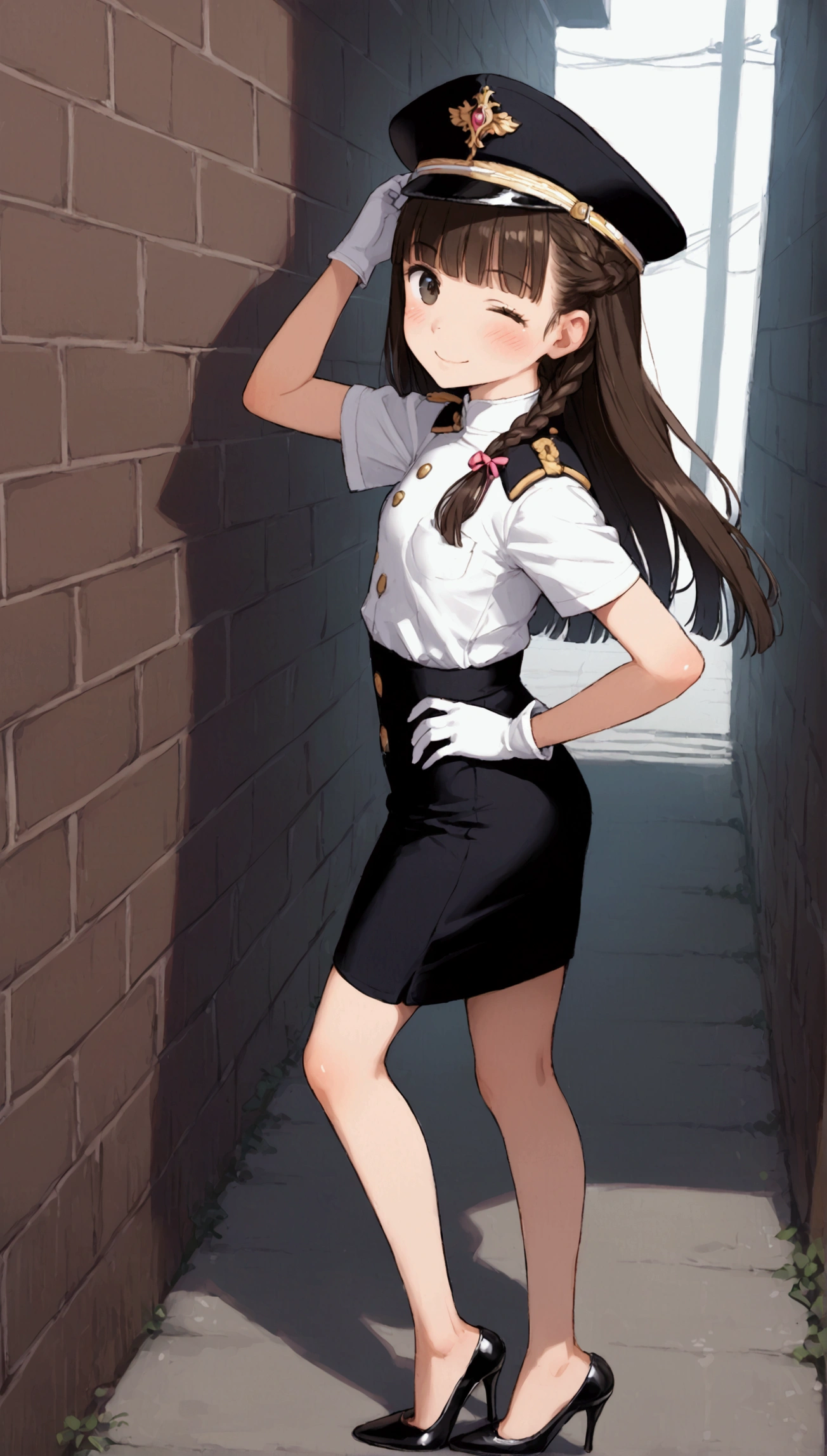 {Highest quality}, {Super beautiful},{Ultra fine},{Best illustration},Brown Hair,Hime cut,long hair,Braid,One woman,Standing Woman,Strike a pose,smile,smilingly,Smile,Wink,Uniform cap,White Shirt,Short sleeve,Long black skirt,White gloves,In the back alley,Blushing,Slender,Black stiletto heels,barefoot,From an angle,from the front,From the side,Place hands on hips