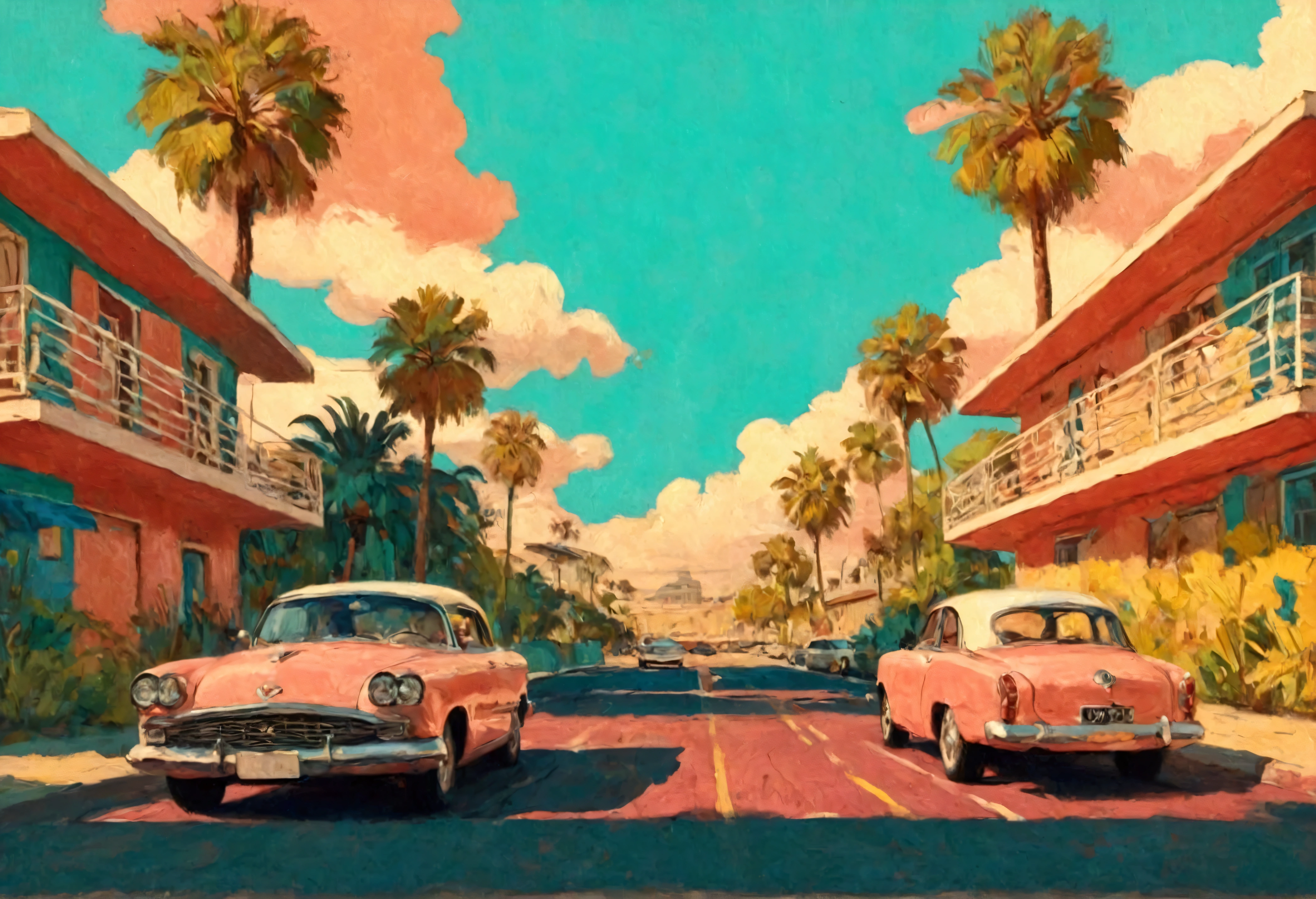 Impressive, award-winning, professional, highly detailed in, undefined,. Include vibrant pastel colors, sleek lines, and a retro summer atmosphere. The style should be reminiscent of vintage travel posters with a modern twist, modern art.