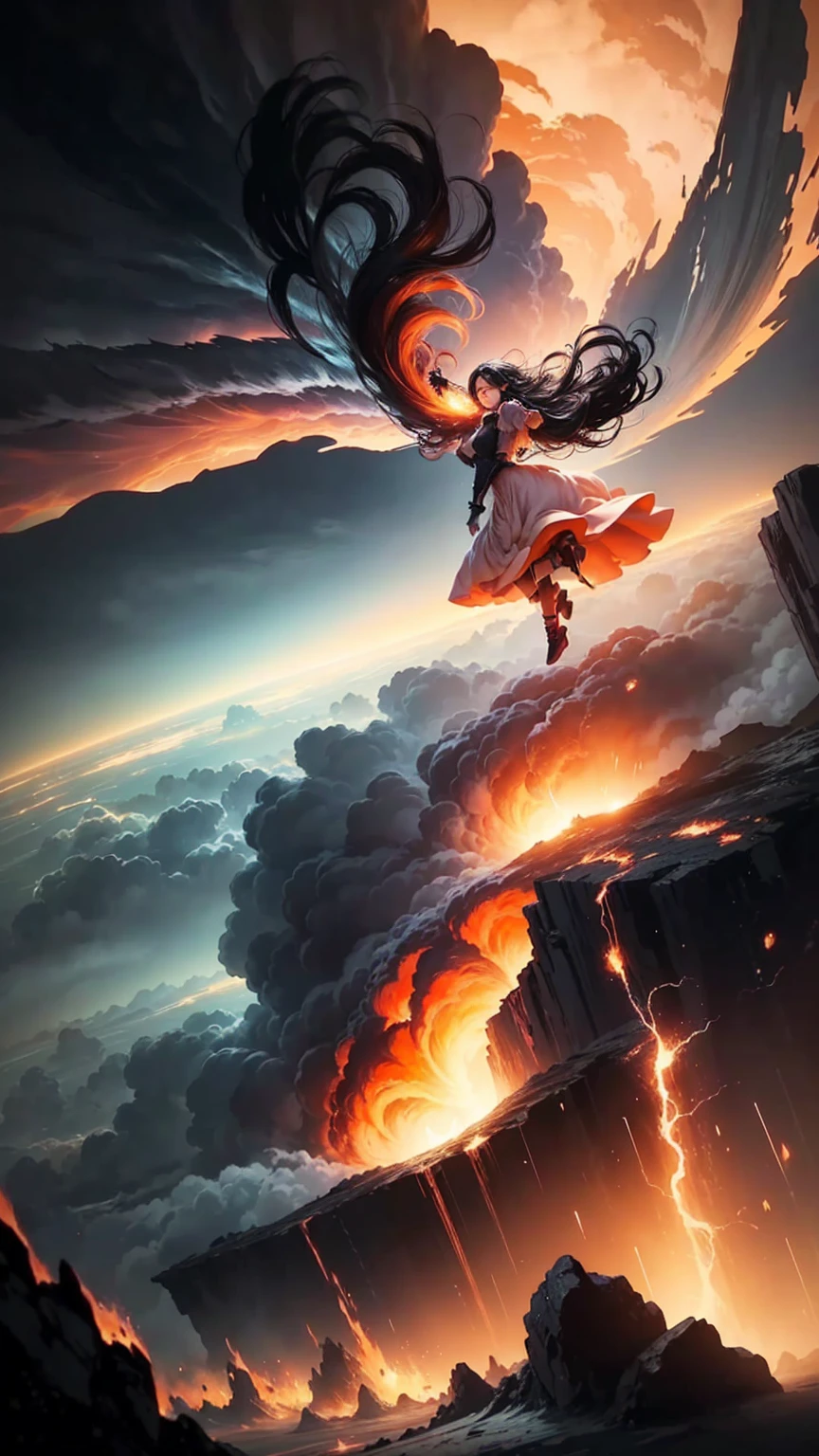 A digital illustration of a black haired women creating a tornado storm while in the air. She is wearing peach colored princess dress and the background is lava