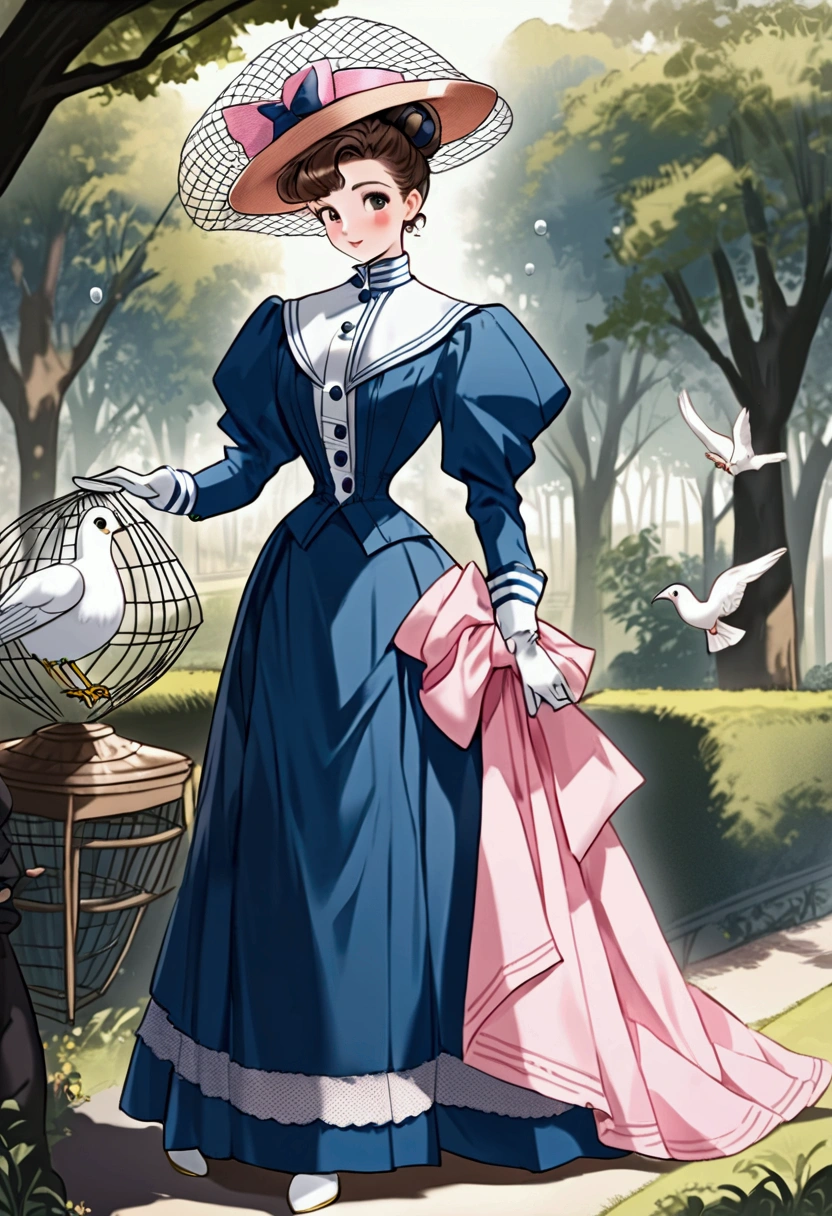 Year 1898. Humanized Minnie Mouse as a pretty, flirty girl. 1890s fashion. Victorian high-collar navy blue dress with (((long puff sleeves cuffed into wrist-high white silk gloves. )))Powder blue sash cinched around her waist. Navy blue ankle skirt. (((Pink straw boater hat with a stuffed white bird held on top and a veil in the front))). Long brunette hair (((tied into a bun enclosed in a net))). Wasp waist. (((Bubble butt sticking out))). Petticoats. Thigh-high silk stockings. High-waisted open bloomers. (((White high-heel button boots:1.2))). Full body. Victorian park setting