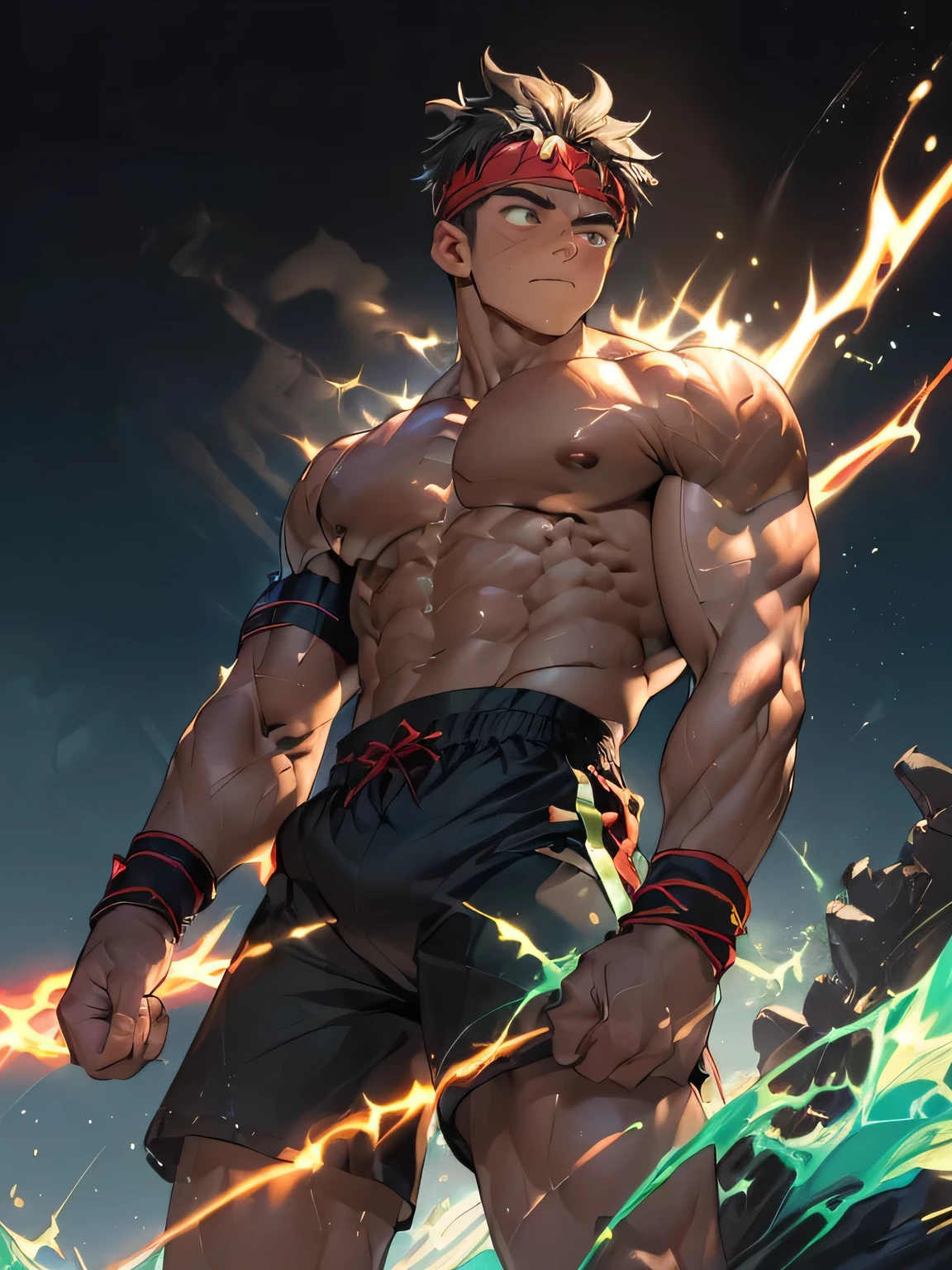 ((masterpiece, best quality)), (((((black background, deep night, shoot from below, looking away))))), (19 year old boy, worm eyes, Young boy, muscler, Shirtless, topless), ((((1boy, solo, flesh, tough, reliable, developed body)))), (Dark Short straight hair, ((almost completely shaved hair)), under cut), (((red headband, black wristband))), Vivid colors, ((big breast:1.2, big shoulder:1.2, muscular body, sturdy body, defined round and fleshy pecs, defined round and fleshy ABS, defined round and fleshy armsmuscular:1.2, well-defined muscles, developed body, toned weist, shouldermuscler:1.2)), muscler!, muscler body, detailed face, detailed muscle, (((rippling muscles, Flowing energy, giving off an aura of holy power, Include intense special effects such as bursts of light, energy waves, and wind to emphasize the power of his magic. Highlight his aura, blue and green aura effect, energy stream, holding aura energy, ready to fight)))