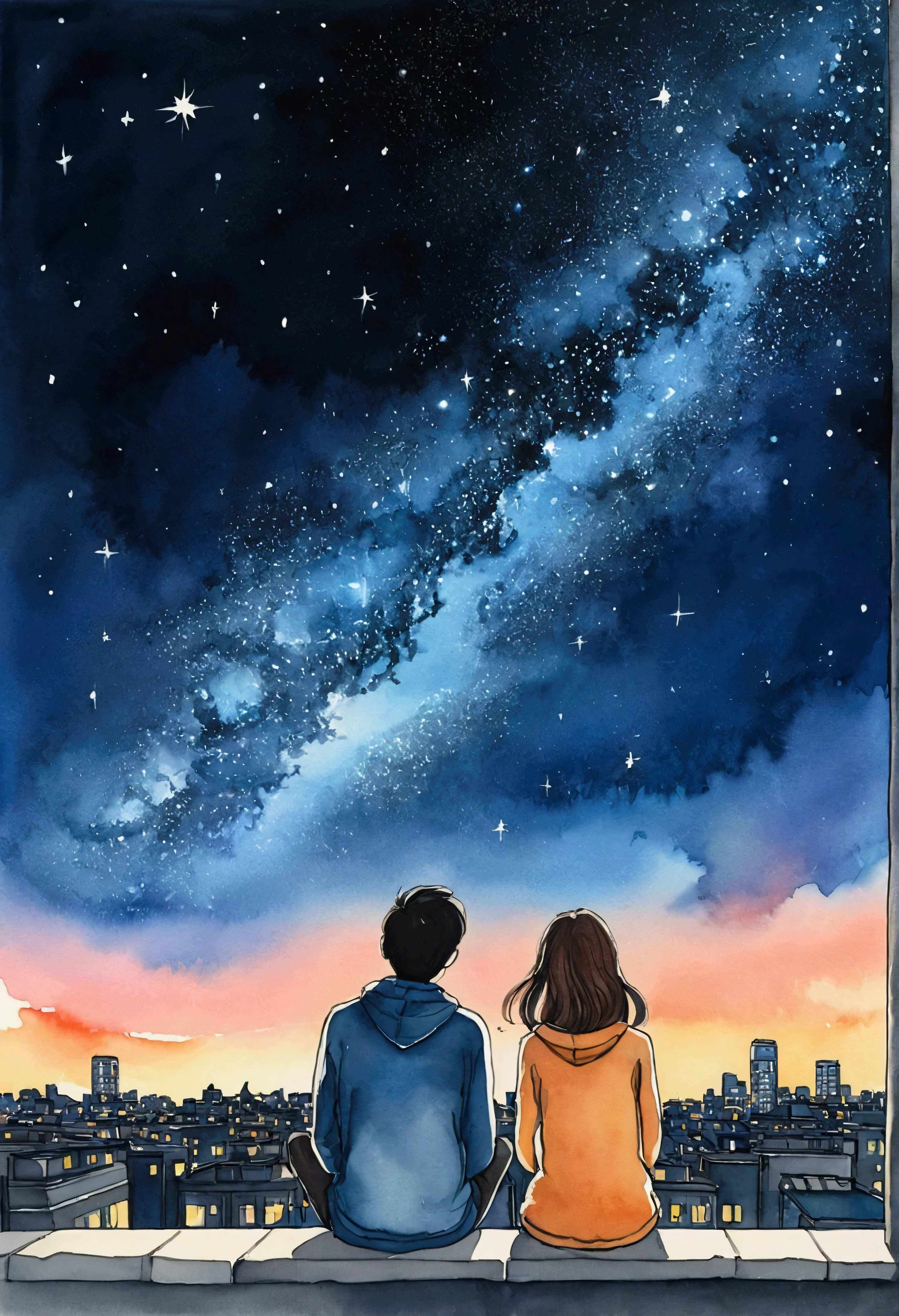 From the roof of the building、Two people sitting on asphalt staring at stars in city sky,Nestle、 Couple, Looking to the stars, night, night - hour, Simple illustration, night間, Line art, Gaze at the stars, night time, together, Hand-drawn, Illustration, Calm feeling, night, Under the stars, Are you having fun, Starred、Angle from a distance、Watercolor、