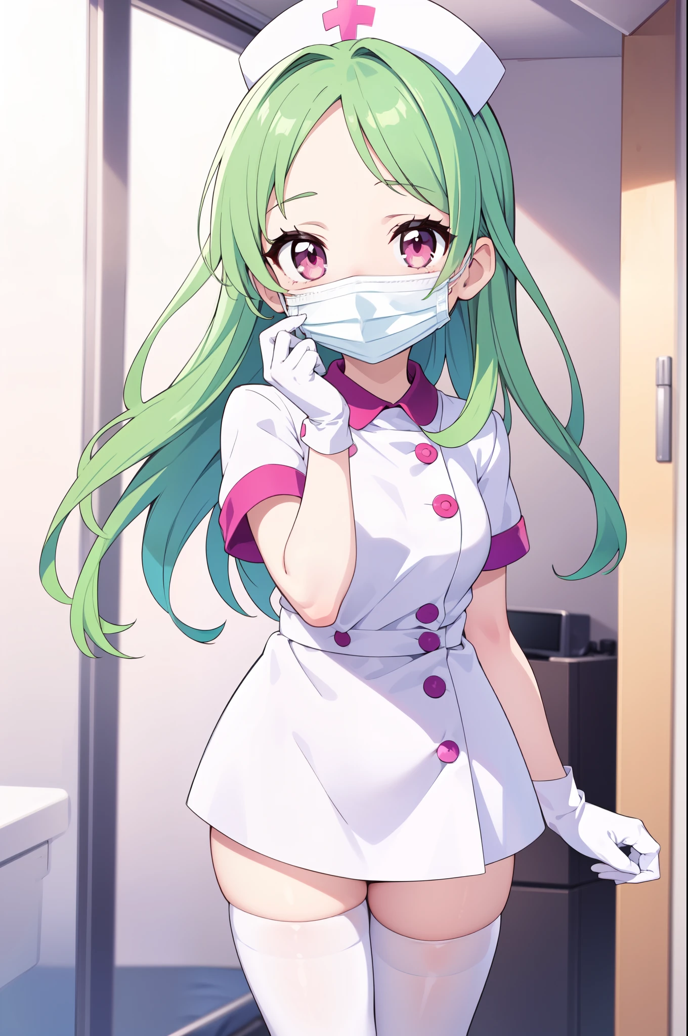 1woman, solo, nurse, white nurse cap, white nurse uniform, ((white legwear, zettai ryouiki)), white gloves, forehead, long hair, green hair, pink eyes, ((white surgical mask, covered nose)), standing, ((hospital room)), sharp outline, short sleeves, mature female, 35 years old, best quality, masterpiece