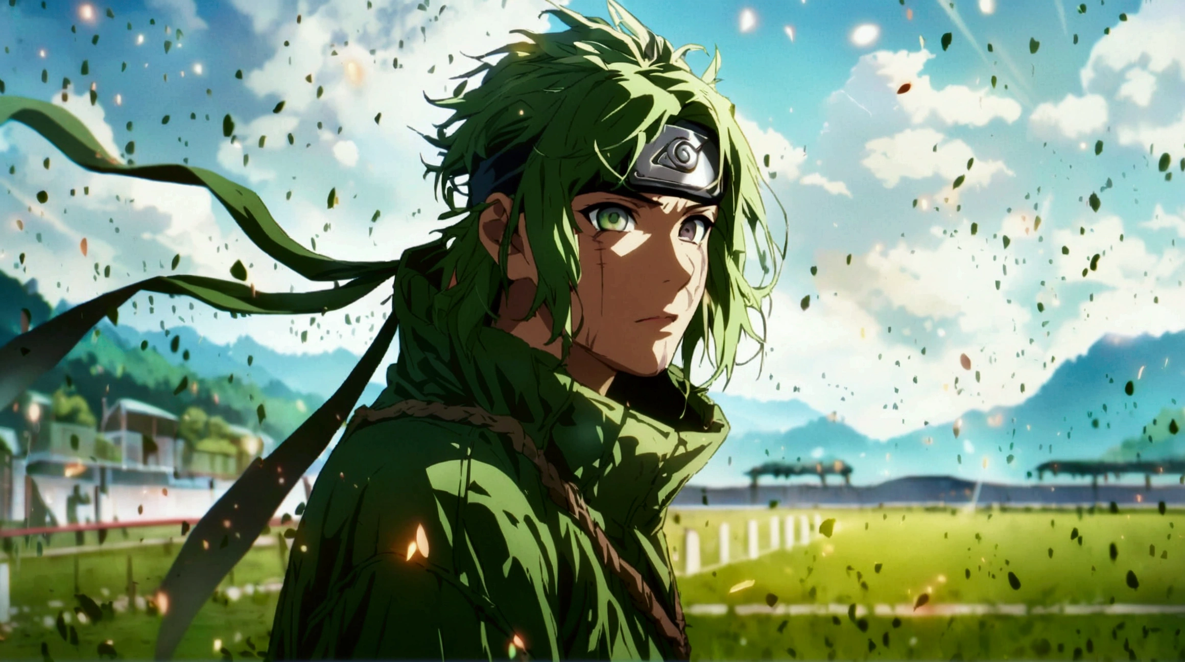 Man, thin and defined body, long green hair, green eyes, bruised and scarred body, dark green coat, training field background, "Anime character design inspired by Naruto, full of dramatic and impressive lighting, focus on the centralized character, impressive face, full of creative details, ultra-fine 2D design, scenery bathed in creativity, boasting 2D anime resolution clarity, HD anime graphics, high-octane rendering"