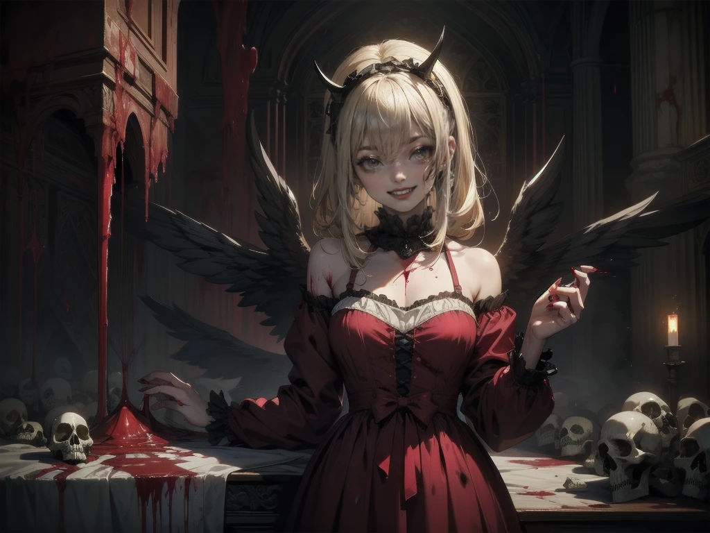 .(Highest quality,4K,High resolution,masterpiece:1.2),Very detailed,Realistic:1.37,Spooky altar background,Dark fantasy,Red color scheme,Ominous atmosphere,Eye-catching,Storytelling,anatomy,Anime Style,Concept Art,beautiful細部までこだわった顔と (((Red eyes ))),A terrifying ritual ,Satanic Ritual,Premature death,inappropriate behavior,クレイジーなsmile,Scythe Face,Girl Monster, beautiful, Delicate facial features, Sharp Eye, Sharp Fangs, pale skin, Thick chain, Dark Background, Cinema Lighting, Dramatic Shadows, Gothic style, Gloomy atmosphere, Dark fantasy, One Girl, Please open your mouth wide, Open your mouth and baring your teeth,Sharp teeth like a beast, Wide lips, very wide mouth, Vermilion cheeks, ,(Blood splatter:1.4),Scary smile, smile,Angel Design, Twisted smile、Bloody、bleeding from the head,,,,,、Blood splatter、,(Blood splatter:1.4),skull,Horror Style, ((Fantasy Sweet Lolita Frilly Pink Costume)), ((flowing blonde hair)), ,(Blood splatter:1.4),Female curves, Sexy flat stomach, Perfect hands, Perfect anime face, (Pink Lolita Dress)), Are standing, ((邪悪なsmile)), ,(Blood splatter:1.4), Steam circulates, Moonlight Illumination, night lighting, (Blood splatter:1.6),アニメAngel Design, Twisted smile、Bloody、bleeding from the head,,,,,、Blood splatter、,(Blood splatter:1.4), skull,Gothic architecture、Western architecture、Fantasy World、,Victorian cities, Skeleton Gas Light,Absurd, High resolution、 ((Tabletop)), ((Highest quality)), (Very detailedな), ((Very detailed)), (beautiful), ((pretty girl)), (NFSW:1.8), alone,(10 years old:1.6)、(world&#39;The most terrifying and creepy demon girl:1.5)beautiful face、Whole Body Ezbian、pale, Beautiful Skin、beautiful金の髪、Smiling Kindly、Dark building ruins、(snow white&#39;Frill dress:1.3)、(The dark ruins are stained with blood:1.3)、Low angle full body shot、(少女は血の海の中にAre standing:1.5)、(The ground is full of blood:1.3)、(The girl lost a lot of blood...:1.3)、(クレイジーなsmile:1.6)、Spirits、(Blood dripping from the mouth:1.3)、Create an image set with a photorealistic dark chapel, Illuminated only by moonlight, Featuring an anime-style girl character as the central character. She is portrayed as an evil guru., She is wearing a jet black dress with a striking black veil., pale肌, And long black nails. Her eyes are bright red, Adding to her eerie presence. Pagan God々Surround her with symbols of, Integrating them into the dark chapel environment. リアルなチャペルと様式化されたアニメの女の子のコントラストが際Are standingはずです, Emphasizing the integration of various artistic mediums.