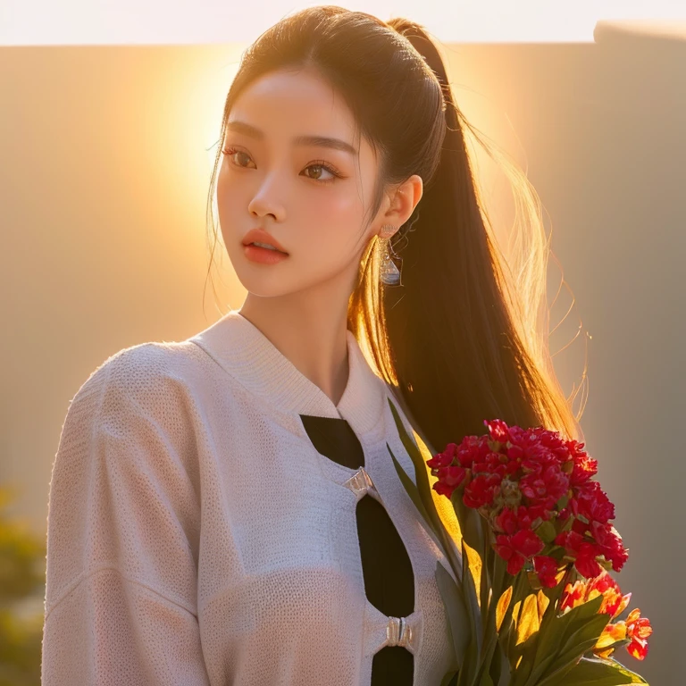 Close-up photo of a woman, Instagram model, Photo of a thin young model, Jennie Blackpink, Crop, Dilraba Dilmurat, Ruean Jia is very beautiful.!, cgsociety, Gorgeous Chinese model, Female model, 2 , ponytail,Extra long hair 2 meters, With a torn cropped t-shirt, beautiful female model, Trending on cgstation, Cropด้านบน วัดรอบอก 36 นิ้ว“หน้าอกขนาดใหญ่มาก,