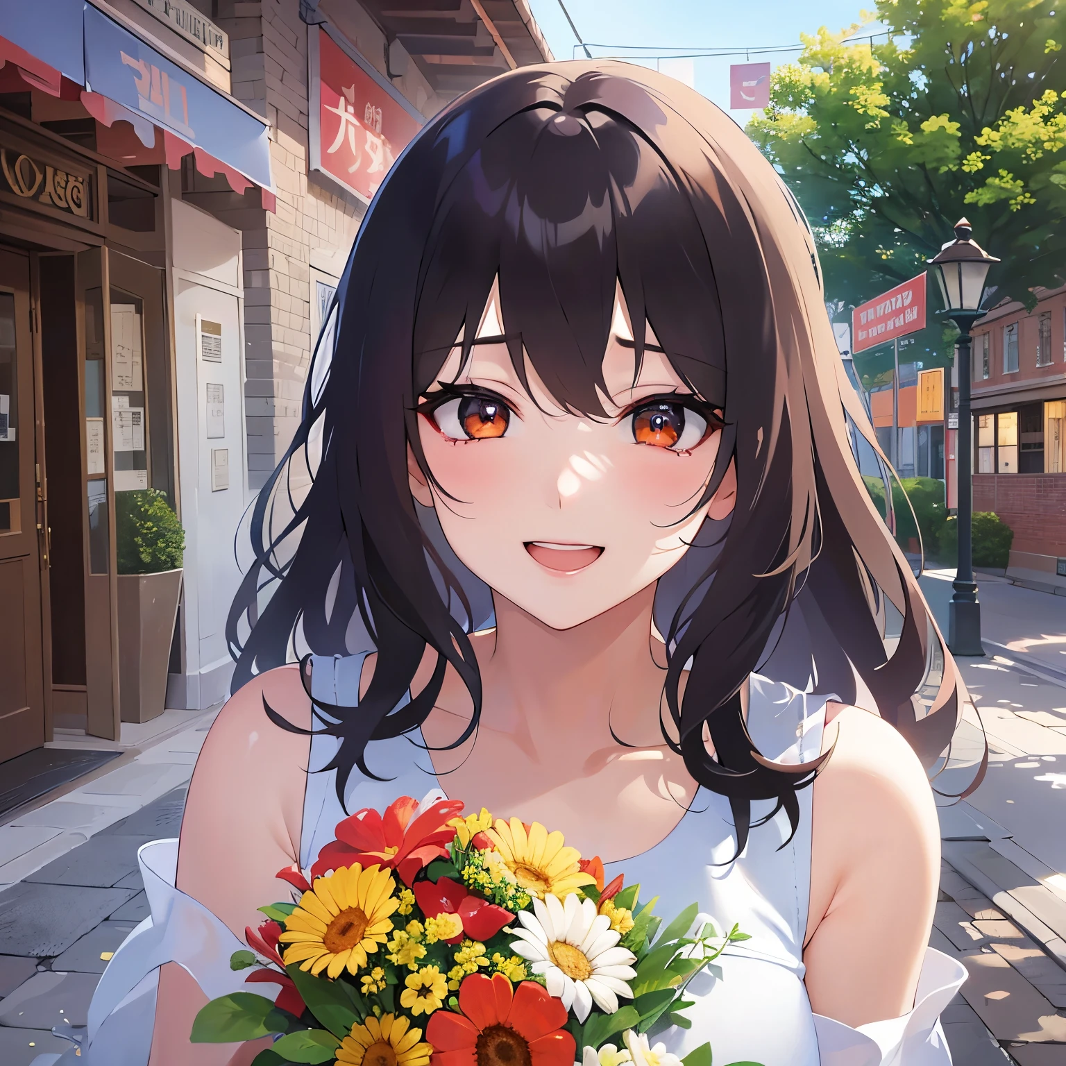 (looking at viewer:1.5),Upper Body,Holding a bouquet、
Realistic, real person, (pale skin: 1.2), RAW photo, photorealistic, shiny skin, shiny hair、
(A 25-year-old woman with medium-length hair and bangs) and (wavy hair) and (brown hair) and (orange eyes) 、
(tearful:1.3),(smile:1.5)、open mouth,White Wedding Dress、The background is inside the restaurant