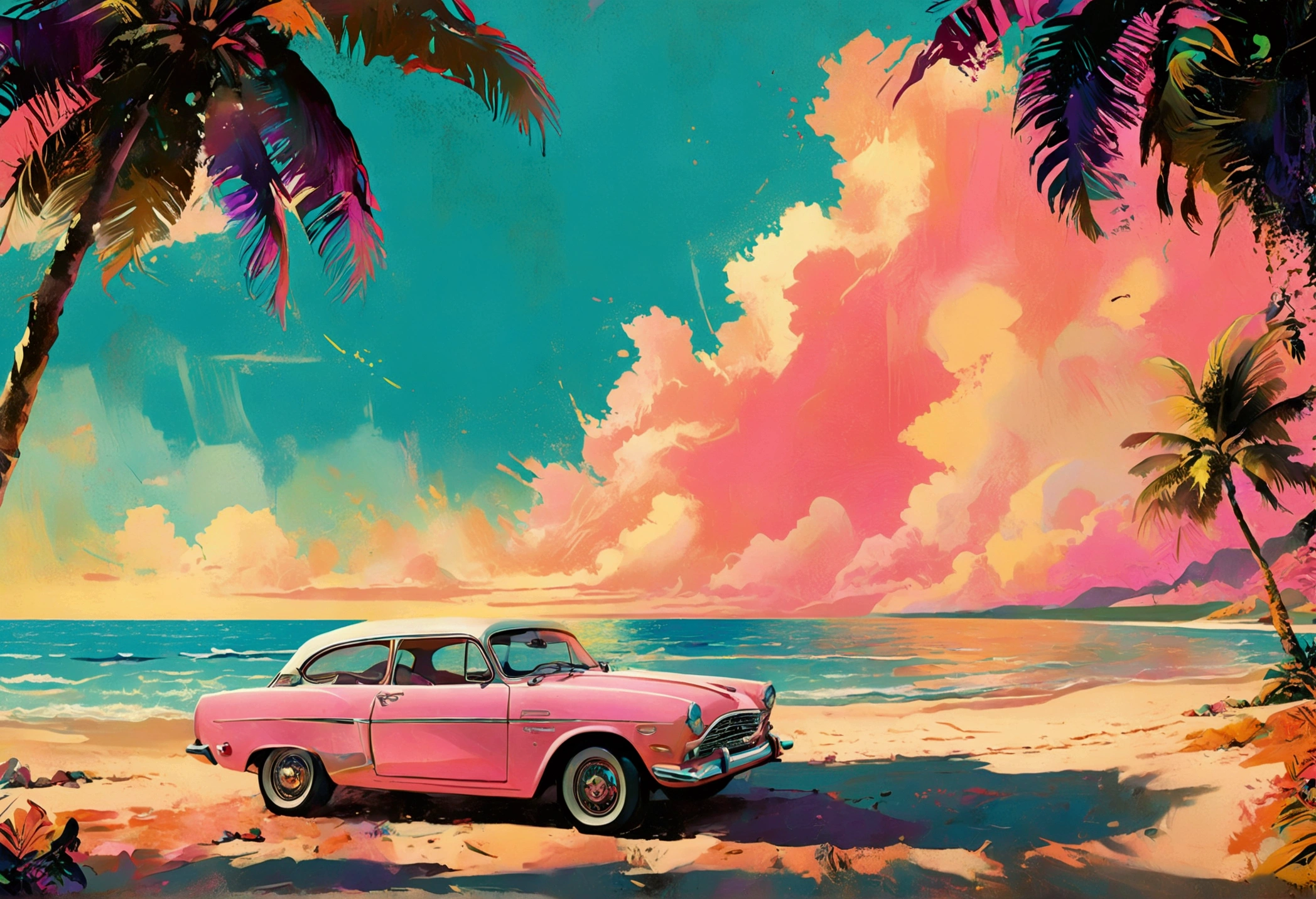 Impressive beach scene in the 80s, award-winning, professional, highly detailed in, undefined,. Include vibrant pastel colors, sleek lines, and a retro summer atmosphere. The style should be reminiscent of vintage travel posters with a modern twist, modern art. 