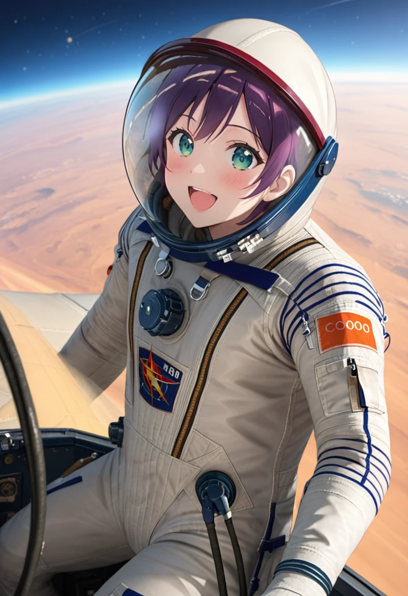 ((Female pilot in the cockpit of a reconnaissance plane), (airplane cockpit), (in flight), (10000 feet altitude)、(sky view):1.7),, short hair, street, emo, BLACK hair, white eyes, eyeliner, apocalypse, girl, nside the (cockpit:1.9) of a (futuristic spaceship:1.6), , blush,sitting on a chair, covered navel, space helmet, space helm, plug suit , space helmet, eva helm, space suit, short hair, spacesuit, astronaut
 bodysuit, latex,mouth open, amazed, eyes shining, smile, happy, venti