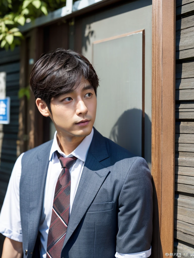 male(Short Hair、30 years old、Korean、Businessman、スタイルbutいい、tie、Model style)but、Trying to open the door。