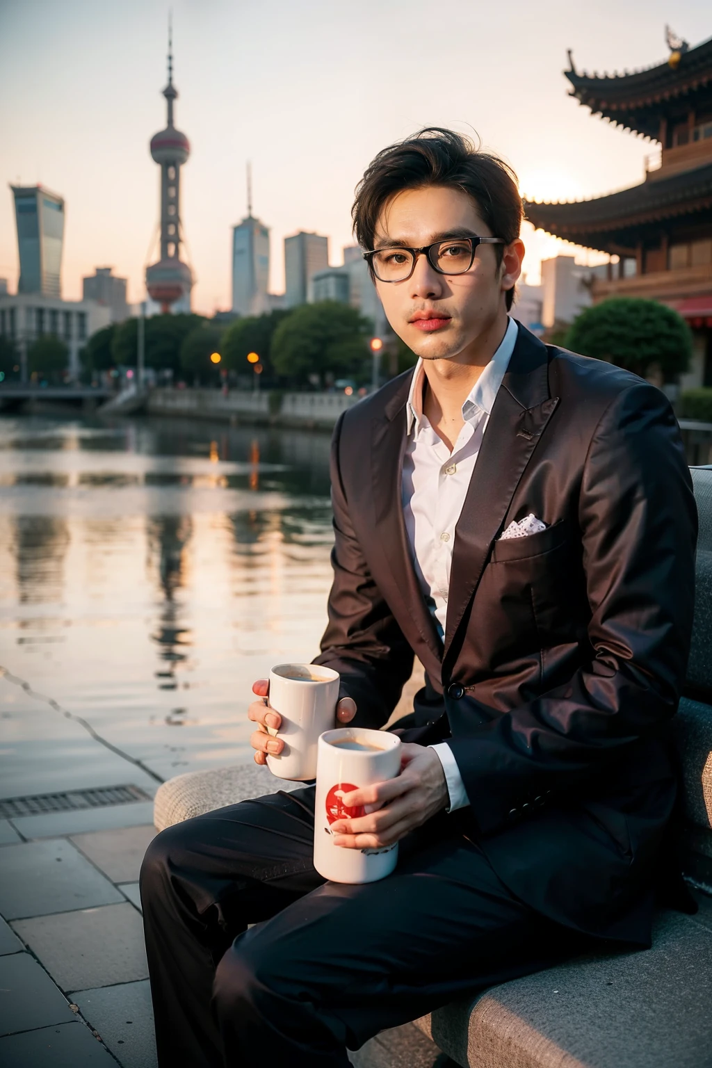 one example
Man with glasses oriental Set Beardless Purple Suit
comics wide awake
Oriental Pearl Tower in front of Shanghai Bund,Sunset,Holding a colorful mug,Sitting at a cafe with parasol on the street,