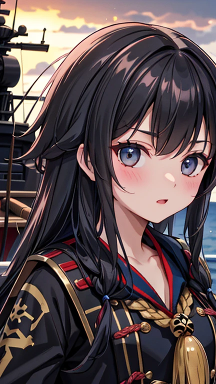 pirate ship,Lots of pirates, cannon, war, (海賊war:1.5),Girl dressed as a pirate, One girl,Black Hair,pirate shipの上,On the boat,Lots of pirates, cannon, war, 超High resolution, retina, masterpiece, Accurate, Anatomically correct, Textured skin, Super Detail, Attention to detail, high quality, 最high quality, High resolution, 4K