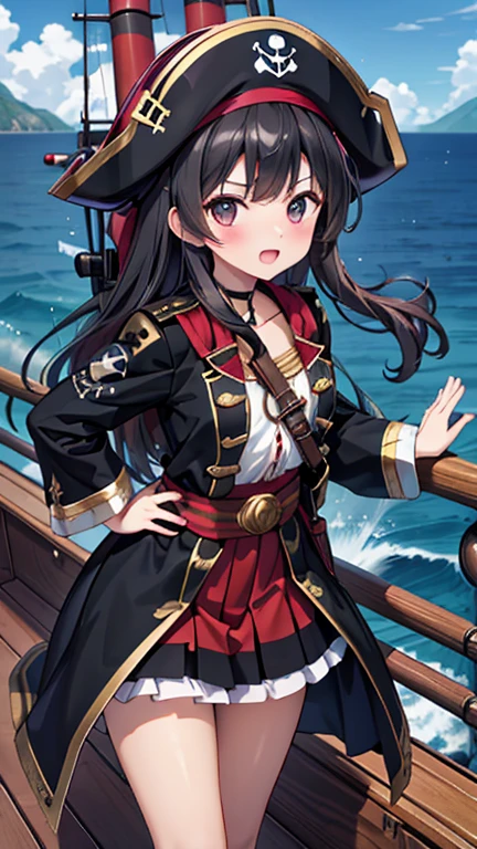 pirate ship,Lots of pirates, cannon, war, (海賊war:1.5),Girl dressed as a pirate, One girl,Black Hair,pirate shipの上,On the boat,Lots of pirates, cannon, war, 超High resolution, retina, masterpiece, Accurate, Anatomically correct, Textured skin, Super Detail, Attention to detail, high quality, 最high quality, High resolution, 4K