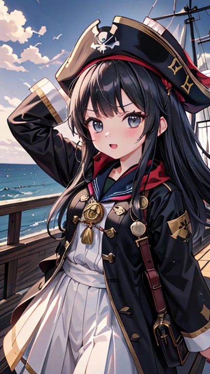 pirate ship,Lots of pirates, cannon, war, (海賊war:1.5),Girl dressed as a pirate, One girl,Black Hair,pirate shipの上,On the boat,Lots of pirates, cannon, war, 超High resolution, retina, masterpiece, Accurate, Anatomically correct, Textured skin, Super Detail, Attention to detail, high quality, 最high quality, High resolution, 4K