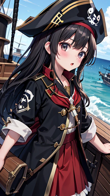 pirate ship,Lots of pirates, cannon, war, (海賊war:1.5),Girl dressed as a pirate, One girl,Black Hair,pirate shipの上,On the boat,Lots of pirates, cannon, war, 超High resolution, retina, masterpiece, Accurate, Anatomically correct, Textured skin, Super Detail, Attention to detail, high quality, 最high quality, High resolution, 4K