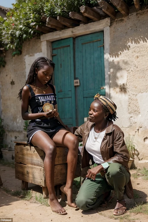 Une jeune fille noire africaine et belle de une marmite, dans un village proche de la case de son père et un homme âgé de 90 ans arrêté et contemplant la nature et le soleil ☀️