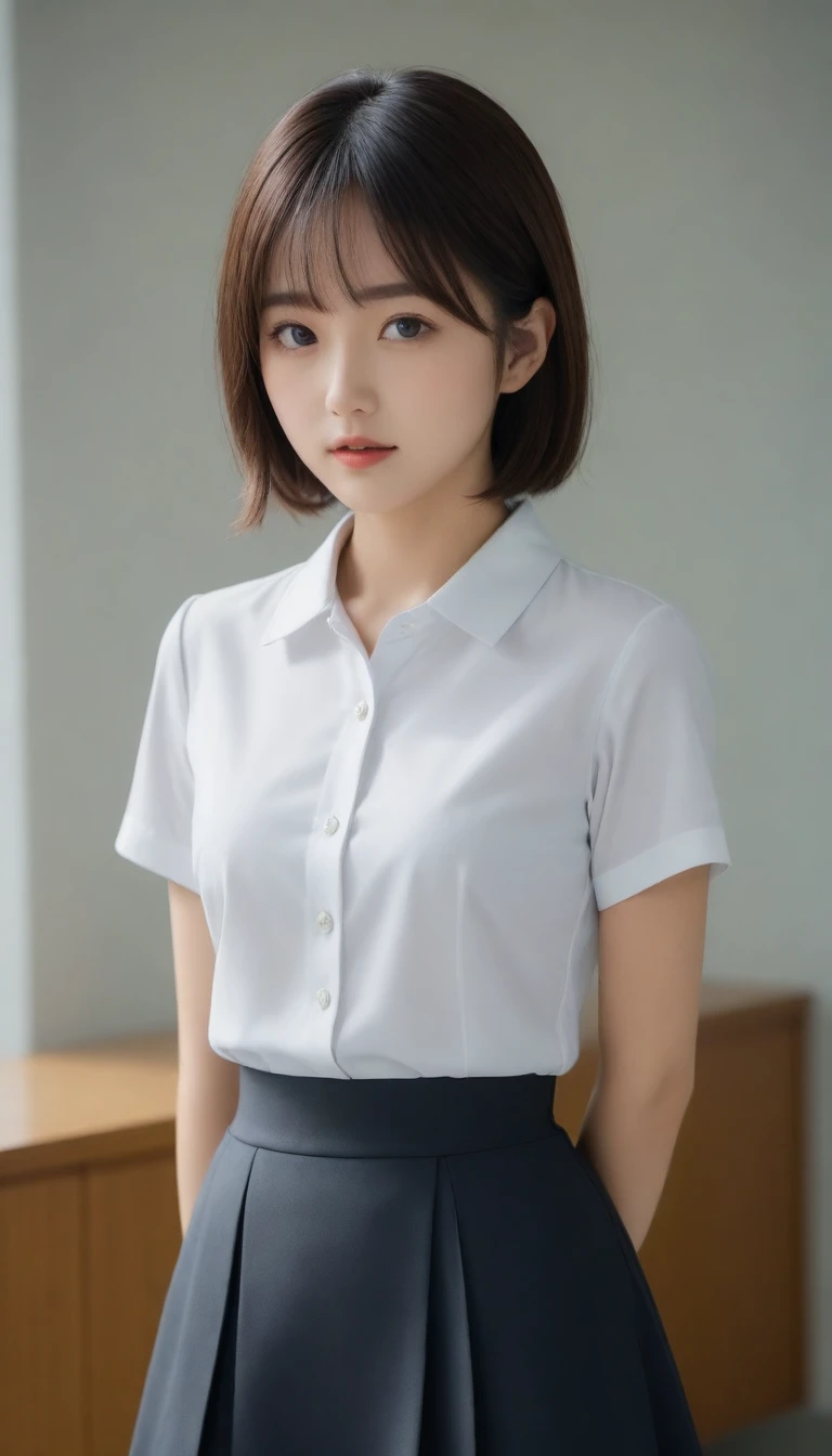 8k, Ultra-high resolution, Highest quality, masterpiece, 三分割法によるphotograph,Surreal, photograph, 1 girl, (16 years old:1.3), pretty girl, Cute Face, Beautiful eyes in every detail, 細かくdetailedに,masterpiece,One Girl:1.2,Japanese female officers,whole body,Serious expression,Black short hair,Bob with bangs,Pencil Skirt,uniform,SS uniform,Hugo Boss,Sharp contours,Looking down,Gray background, Light from above, Low contrast, (Side view),Perfect and beautiful face ,完璧でCute Face, Skin with attention to detail, Perfect limbs、Tight waist,Looking at the audience,(((Ideal body type))),A-cup small breasts :2,Portraiture:2,Perfect Anatomy,鮮明なdetailed,detailed,Surreal,Light and shadow,Shine