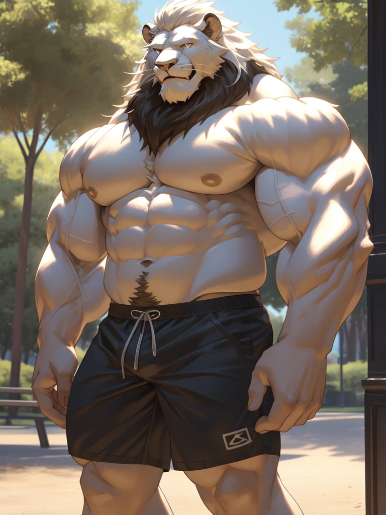 muscular old man standing on park, shorts, furry, an anthro (white lion), an anthto, a old man big muscular, happy expression, detailed face, face, detailed eyes, eyes, really big muscle, bigger muscle, very big muscular, over sized muscle, biggest muscle, big pec muscular, biggest pec muscle, detailed muscle, realistic rendering, CG realistic, 3d realistic, photography, background