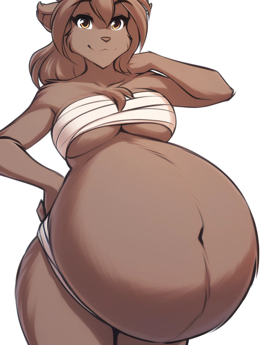 solo, tknanie, keidran, mammal, pantherine, natani_(twokinds), natani twokinds, twokinds, personalami, rating:safe, white background, white_background, brown fur, brown hair, brown eyes, female, big breasts, chest_wraps, wraps Vore large belly inside lost Trace human male belly dancing moves outlines body win 🏆