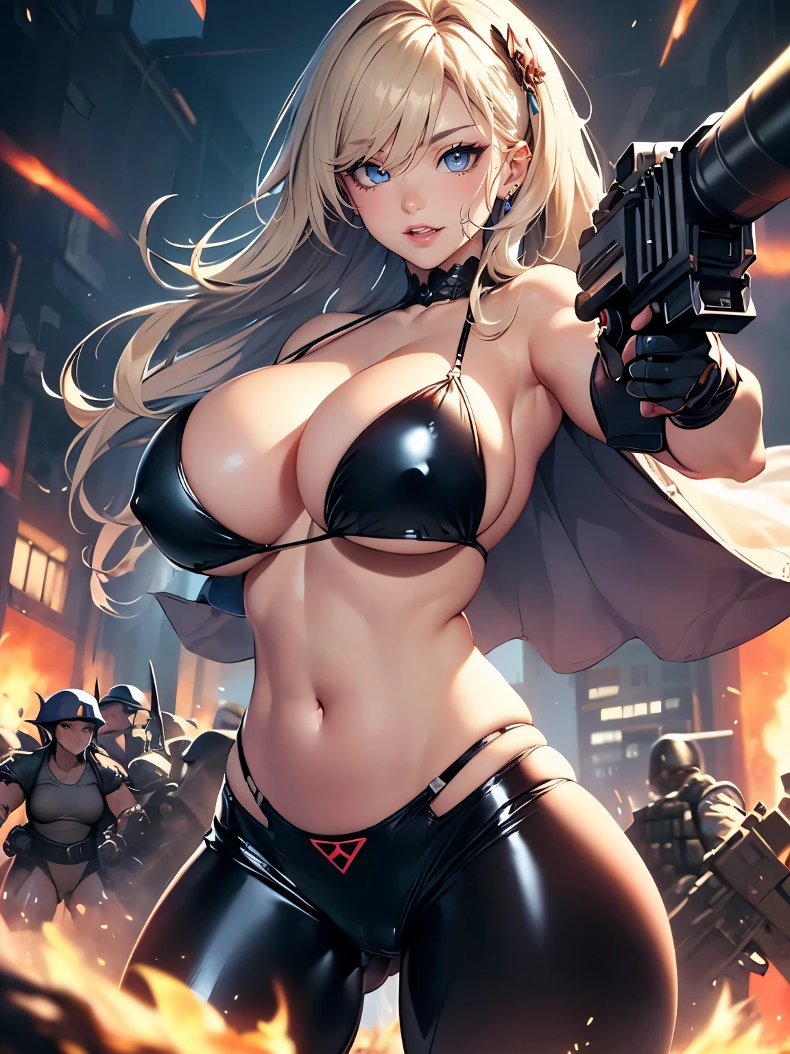 ((Seductive Anime Girl:1.2))、((Meticulously drawn hands:1.2))、Meticulously drawn hair, Meticulously drawn eye, Precise human body structure、((Combative posing:1.2)), ((armament:1.3))、((dynamism:1.3))、((dynamic angle:1.5))、((Being in battle field:2))、((latex micro bikini:1.3 crop top:1.leeveless:1.5))、((crop top navel))、((highleg:1.3))、((huge breasts((huge hip:1.3))、((thick thighs))、curvy、((collarbone))、((cameltoe))、((Glossy realistic skin texture))、((shiny skin))、((Meticulously drawn hands:1.2))、perfect anatomy、masterpiece, ultra-detailliert, 8k, hiquality, Top image quality, Smooth texture、watercolor