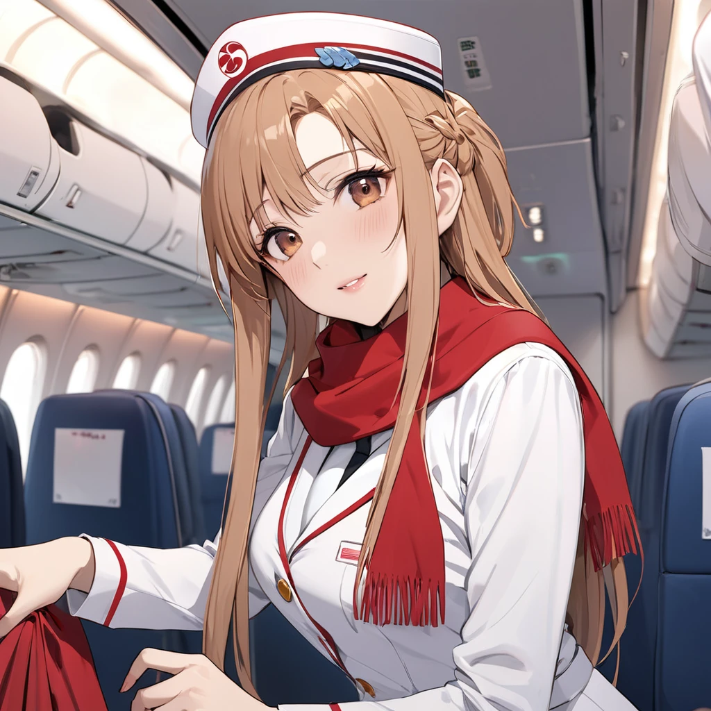 ((Highest quality)), ((masterpiece)), (detailed), (Perfect Face)、The woman is an Air China flight attendant, Yuuki Asuna, a Chinese woman with light brown, medium-long hair.、The woman is wearing the red Air China cabin attendant uniform, as well as a scarf and hat.