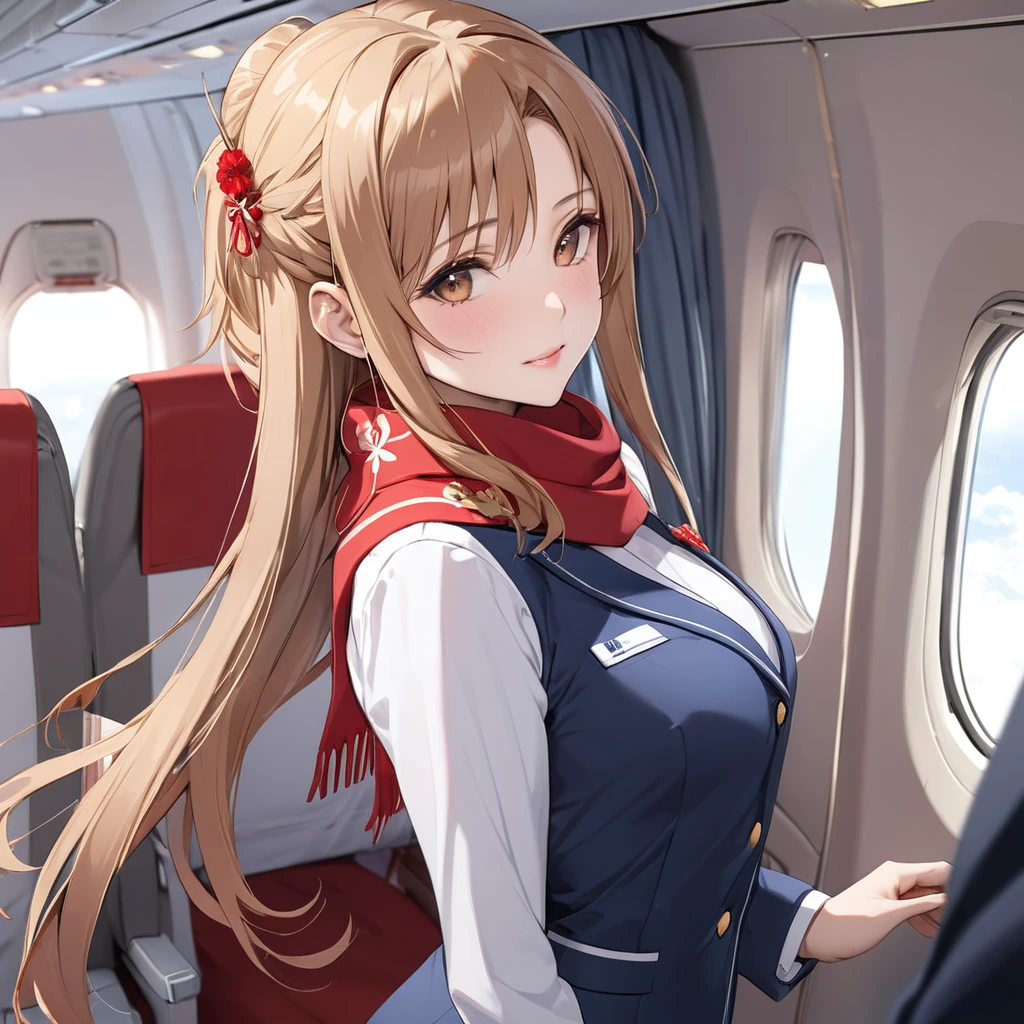 ((Highest quality)), ((masterpiece)), (detailed), （Perfect Face）、The woman is an Air China flight attendant, Yuuki Asuna, a Chinese woman with light brown, medium-long hair.、The woman is wearing the red Air China cabin attendant uniform, as well as a scarf and hat.