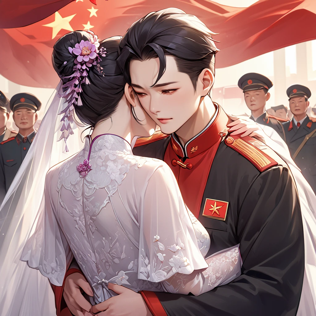 ((Highest quality)), ((masterpiece)), (detailed), （Perfect Face）、The woman is a Chinese woman named Kocho Shinobu, with black hair in a purple gradient bob with evening hair updos, and is wearing an engagement ring. She has become a member of the glorious Chinese Communist Party and has sworn absolute loyalty to it. She is a righteous Communist Party member of the ruling China and the wife of a great old Communist Party official.、The woman is wearing a gorgeous and gorgeous wedding dress made by a Chinese Communist Party member, embracing and kissing a dignified elderly Communist Party official in a wedding ceremony.、For the sake of China, their hairstyles, clothes, and everything they wear are all Chinese Communist Party items, and their thoughts are also Chinese, becoming great Chinese in body and mind.、The woman became Shinobu Kocho, a Chinese woman who was proud of China, loved it and devoted herself to it.