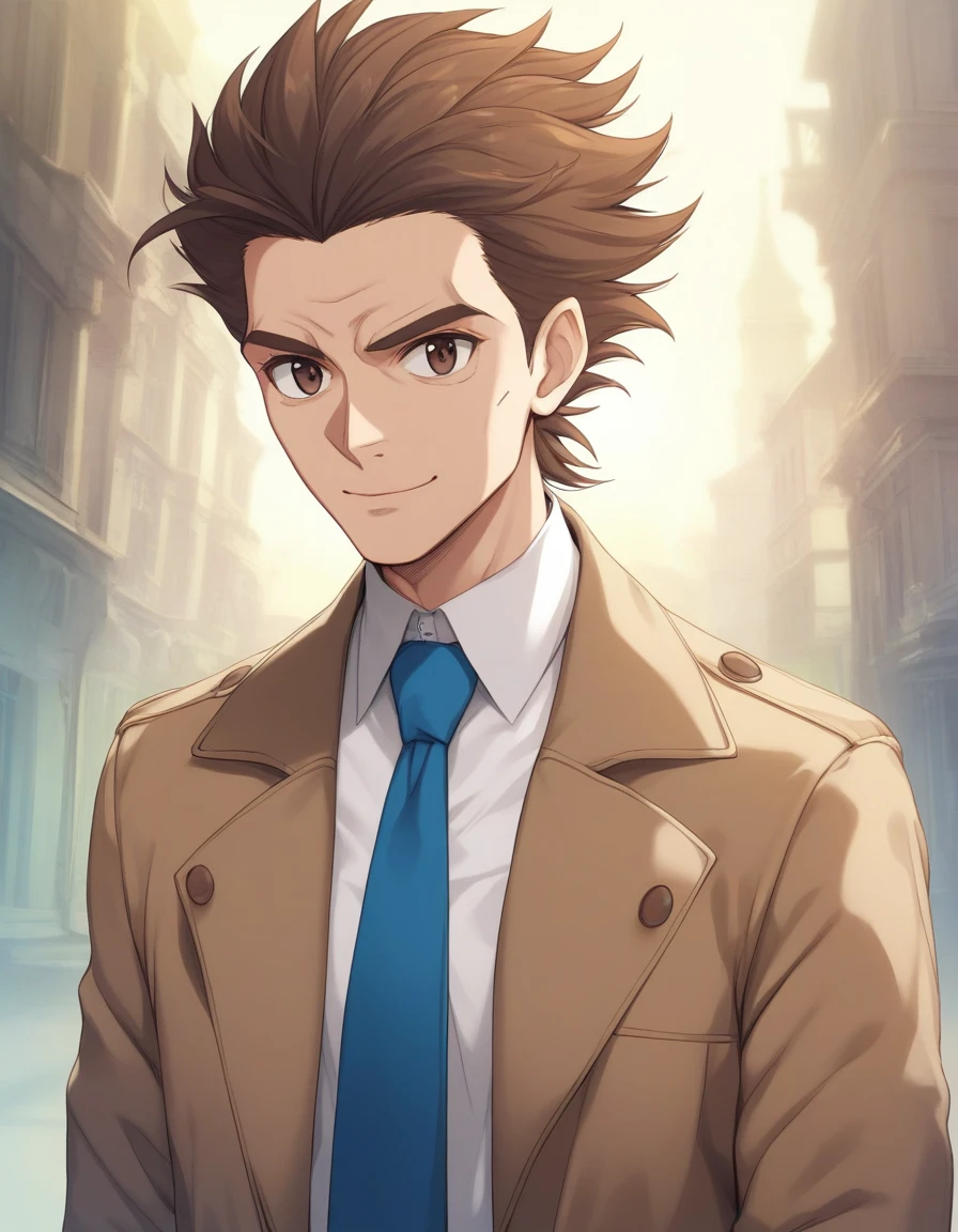 1man, veteran mature detective, muscular, boned nose, wavy slicked back spiked hair, yellow_brown hair, BREAK shihaku, brown eyes, dandy, virile, stubble, square shaped, large eyes, ugly, rough skin, facial wrinkles, BREAK ideal ratio body proportions, ordinaly, cute uncle, beautiful detailed eyes, broad waist, 40yo dude, languid, BREAK solo, upper legs, white collared shirt, blue necktie, brown trench coat, dark worn-out suit, cute smile, standing, in detective agency, detailed background, BREAK dandy posing, dramatic expression, oil colored, in capcom art style, in old eroge style, 2000s, cinematic key visual, cinematic shadows, cinematic lighting, lens flare, light leaks, masterpiece, best quality, BREAK score_9, score_8_up, score_7_up, source_anime, rating_safe, score_6_up, score_5_up, score_4_up