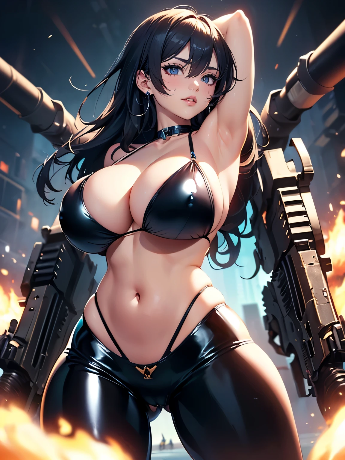 ((Seductive Anime Girl:1.2))、((Meticulously drawn hands:1.2))、Meticulously drawn hair, Meticulously drawn eye, Precise human body structure、((Combative posing:1.2)), ((armament:1.3))、((dynamism:1.3))、((dynamic angle:1.5))、((Being in battle field:2))、((latex micro bikini:1.3 crop top:1.3))、((sleeveless:1.5))、((crop top navel))、((highleg:1.3))、((huge breasts:1.3))、((huge hip:1.3))、((thick thighs))、curvy、((collarbone))、((cameltoe))、((Glossy realistic skin texture))、((shiny skin))、((Meticulously drawn hands:1.2))、perfect anatomy、masterpiece, ultra-detailliert, 8k, hiquality, Top image quality, Smooth texture、watercolor