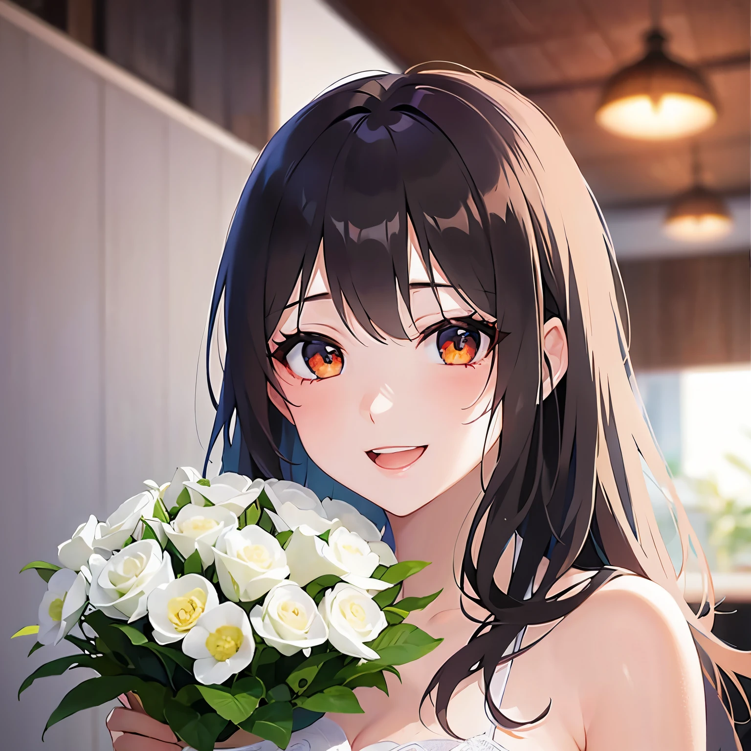 （looking at viewer:1.5）,Upper Body,Holding a bouquet、
 Realistic, real person, (pale skin: 1.2), RAW photo, photorealistic, shiny skin, shiny hair、
(A 25-year-old woman with medium-length hair and bangs) and (wavy hair) and (brown hair) and (orange eyes：1.5) 、
(tearful:1.3),(smile:1.5)、open mouth,White Wedding Dress、The background is inside the restaurant