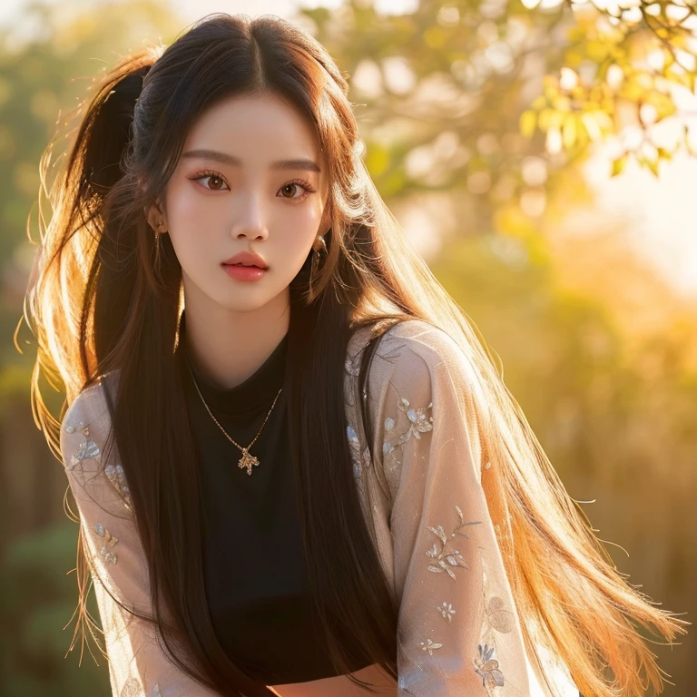 Close-up photo of a woman, Instagram model, Photo of a thin young model, Jennie Blackpink, Crop, Dilraba Dilmurat, Ruean Jia is very beautiful.!, cgsociety, Gorgeous Chinese model, Female model, 2 , ponytail,Extra long hair 2 meters, With a torn cropped t-shirt, beautiful female model, Trending on cgstation, Cropด้านบน วัดรอบอก 36 นิ้ว“หน้าอกขนาดใหญ่มาก,