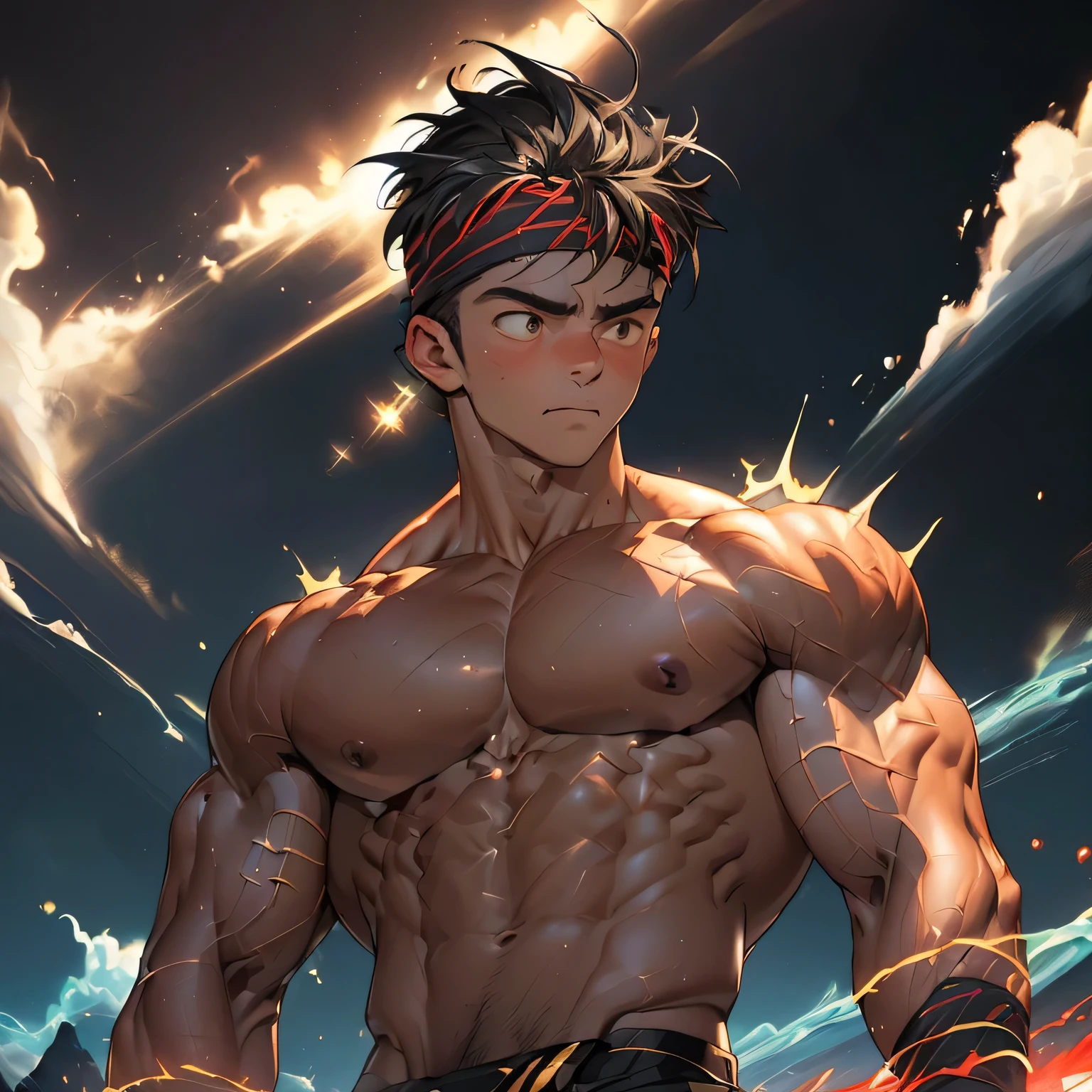 ((masterpiece, best quality)), (((((black background, deep night, shoot from below, looking away))))), (19 year old boy, worm eyes, Young boy, muscler, Shirtless, topless), ((((1boy, solo, flesh, tough, reliable, developed body)))), (Dark Short straight hair, ((almost completely shaved hair)), under cut), (((red headband, black wristband))), Vivid colors, ((big breast:1.2, big shoulder:1.2, muscular body, sturdy body, defined round and fleshy pecs, defined round and fleshy ABS, defined round and fleshy armsmuscular:1.2, well-defined muscles, developed body, toned weist, shouldermuscler:1.2)), muscler!, muscler body, detailed face, detailed muscle, (((rippling muscles, Flowing energy, giving off an aura of holy power, Include intense special effects such as bursts of light, energy waves, and wind to emphasize the power of his magic. Highlight his aura, blue and green aura effect, energy stream, holding aura energy, ready to fight)))