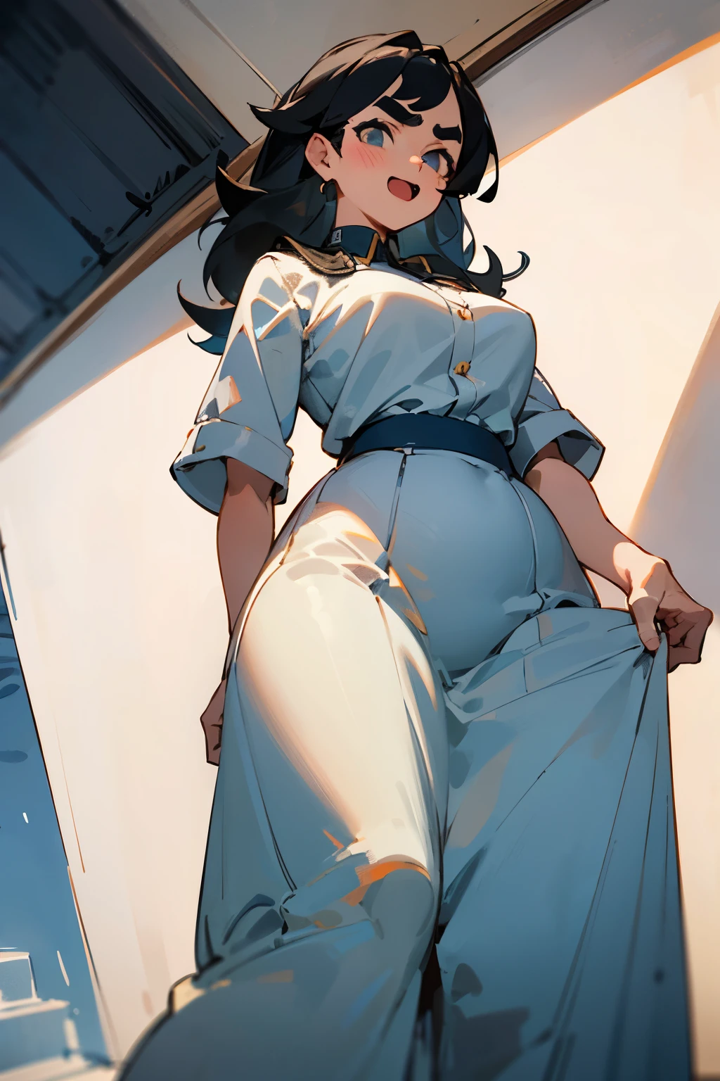 ((best quality)), ((masterpiece)), (detailed), 1 woman, high school student, thick eyebrows, Excited expression, big bust, wide pelvis, long skirt, black hair