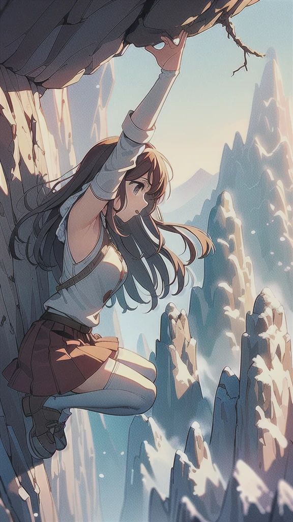 masterpiece,best quality,highly detailed,1girl,solo,
aaasuna,long hair,brown hair,braid,brown eyes,bare shoulders,armor,breastplate,white sleeves,detached sleeves,red skirt,pleated skirt,white thighhighs,
BREAK
(((TwoHand2))),arm up,outstretched arm,hanging from branch,grabbing branch,aerial,(((snow mountain, iceberg, iced cliff, iced mountain, snow, snowing, from side))),mountainous horizon,