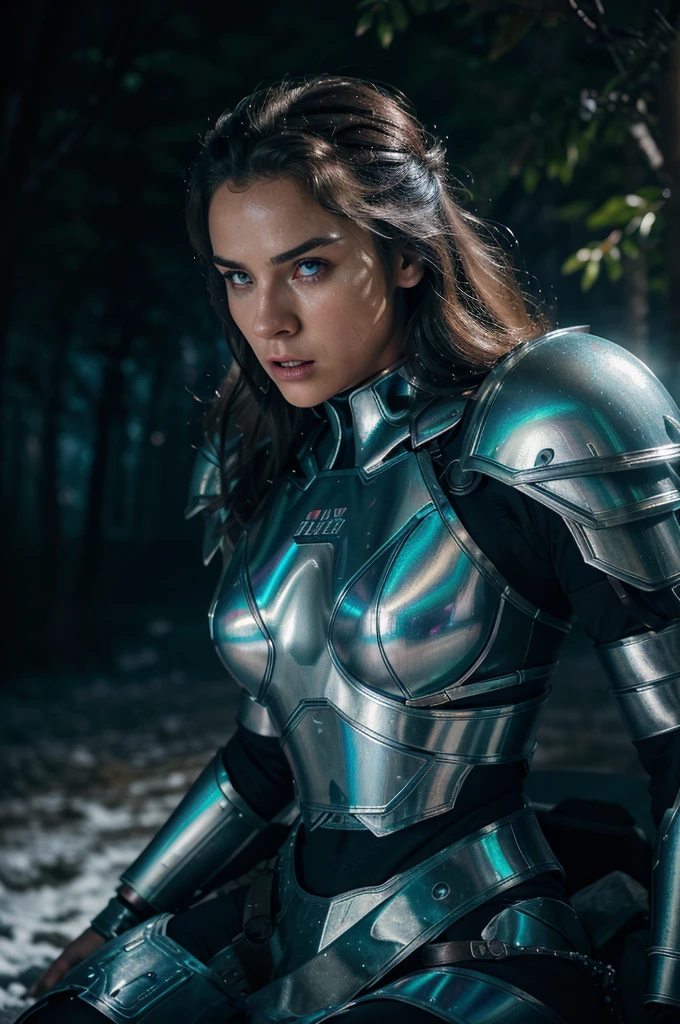 A cinematic photo capturing a low angle shot of digital artwork depicting a dramatic cyberpunk Arctic scene with a female gladiator sitting atop a massive, armored white bear. She charges aggressively towards the viewer with a battle-cry taunt, wielding a high-tech, glowing battle-axe and sporting a fierce facial expression. The gladiator is dressed in intricately designed, neon-lit, metallic armor, surrounded by a dark, misty arctic backdrop enhanced with neon lights and holographic elements weaving through the trees. She possesses a powerful, athletic figure, illuminated by dramatic cinematic lighting that highlights her dynamic movement, while subtle, organic textures and natural shadows create an immersive atmosphere.