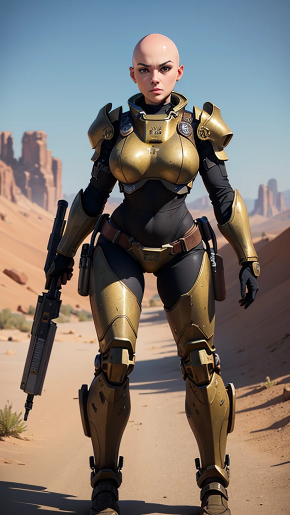 ((Best quality)), ((masterpiece)), (detailed), 1 girl, bald head, no hair, desert, young face,Black and Gold Anatomical Massive Power Armor