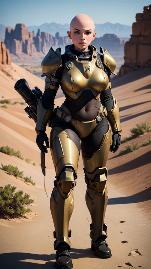 ((Best quality)), ((masterpiece)), (detailed), 1 girl, bald head, no hair, desert, young face,Black and Gold Anatomical Massive Power Armor