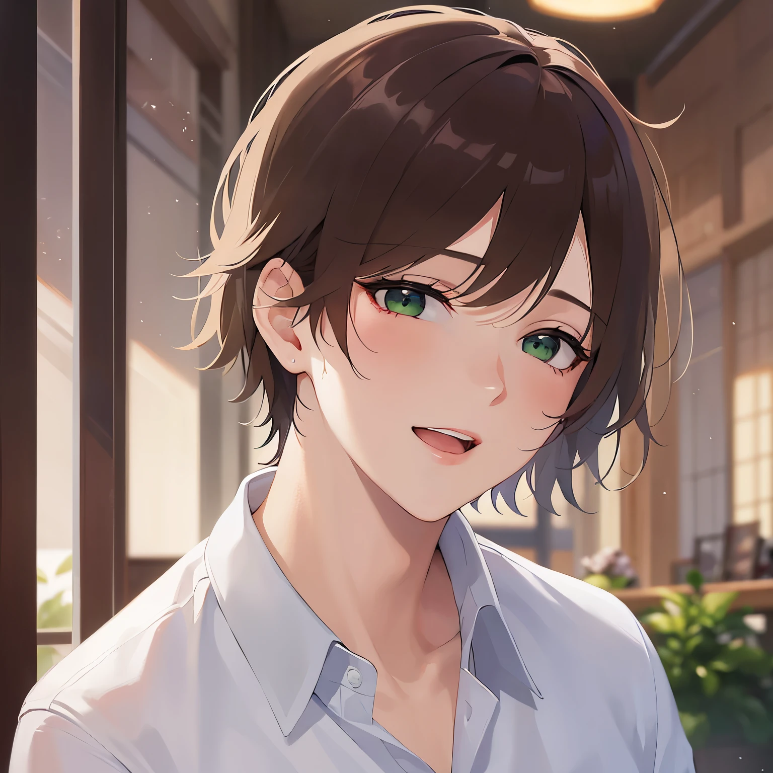 (looking away:1.5),upper body,
masterpiece、Highest quality、
BREAK (25-year-old male:1.5) and (Mahogany brown short hair) and (Green Eyes)
BREAK,White collared shirt、Jacket、
、(smile:1.3),happy,open mouth,The background is inside the restaurant