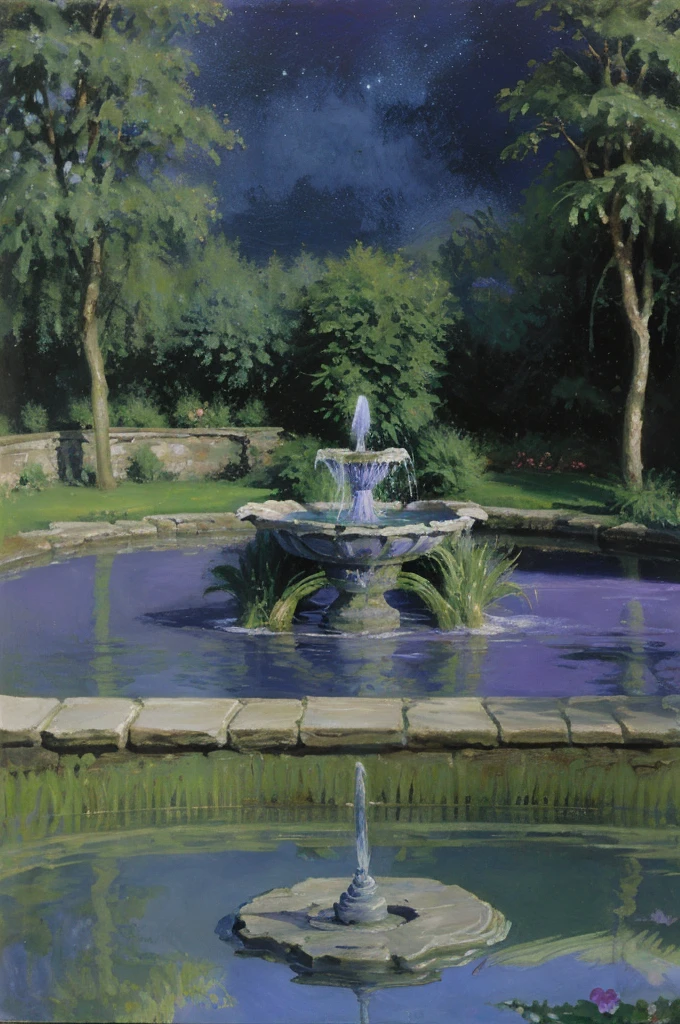 Design a book back cover that complements the medieval, mysterious theme of the front. The scene is set in a portion of a castle garden illuminated by soft moonlight, with a serene fountain of clear water reflecting the starry night sky. Surrounding the fountain, there are blooming blue thistle flowers, their vivid blue and violet petals standing out against the dark green foliage. A stone bench is placed beside the fountain, appearing inviting yet empty, hinting at a story of solitude. The soft shadows of the garden are gentle, creating a peaceful yet slightly eerie atmosphere. A faint, shadowy reflection of Christina, the main character, is visible in the water of the fountain, suggesting her deep reflection and the inner journey she undertakes. The book’s synopsis is centered on the back, framed by a subtle medieval ornamental border at the top and bottom, written in a legible yet elegant font that matches the front cover’s style.
