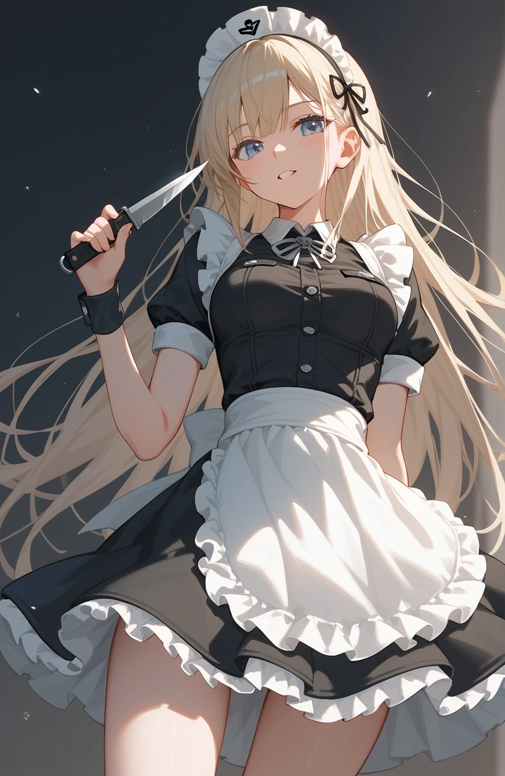 Anime girl in a dress holding a knife and a knife, anime Maid nazi ss military, Maid outfit, cushart krenz, Maid, (software) Safe at Work, anime Maids riding early tanks, Kantai Collection Style, anime girl in a Maid costume, , Kashert Kenz, by Kamaguruka