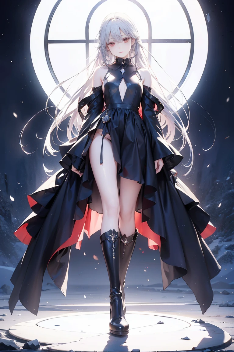 Girl with long white hair down to her waist, with small red details, red eyes, long black dress with a leg slit, with red details, long black boots up to below the knees, white skin, the ground around her is cracking and small stones are floating around her surrounded by a black aura, she is surrounded by shadows, and the background is dark like the night with the universe and stars, her presence causes fear, her shadow appears to be a monster, 8k, high quality, full body, (ultra-realistic), {extremely detailed 8k CG unit wallpaper}, expansive landscape photograph, (light: 2.0), (warm light source: 1.5), complex details, (iridescent colors: 1.5), (bright lighting), (atmospheric lighting), surreal, impressive, fantasy, (Solo: 1.2)
