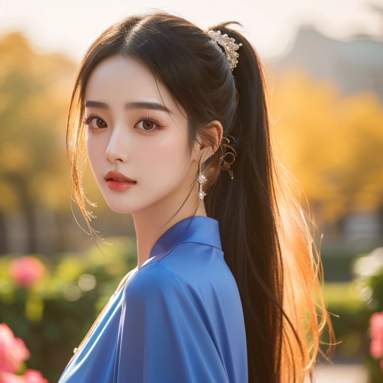 Close-up photo of a woman, Instagram model, Photo of a young model, Dilraba Dilmurat, Ruean Jia is very beautiful.!, cgsociety, Gorgeous Chinese model, Female model, 2 4 years old,black hair, ponytail,Extra long hair 2 meters, With a torn cropped t-shirt, beautiful female model, Trending on cgstation, Cropped Top Chest Measures 36 inches “Very large bust.,
