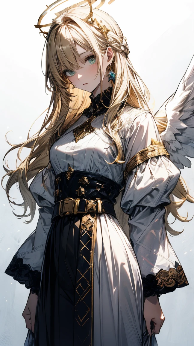 A humanoid biblically accurate angel with Golden blond hair, green eyes, pale skin,white wings usually folded behind her back, a white flared sleeve wrap top that shows her inner chest held in place by her belt,a white double silt maxi skirt, halo’s that resemble the (Angel) Thrones which cover her eyes.