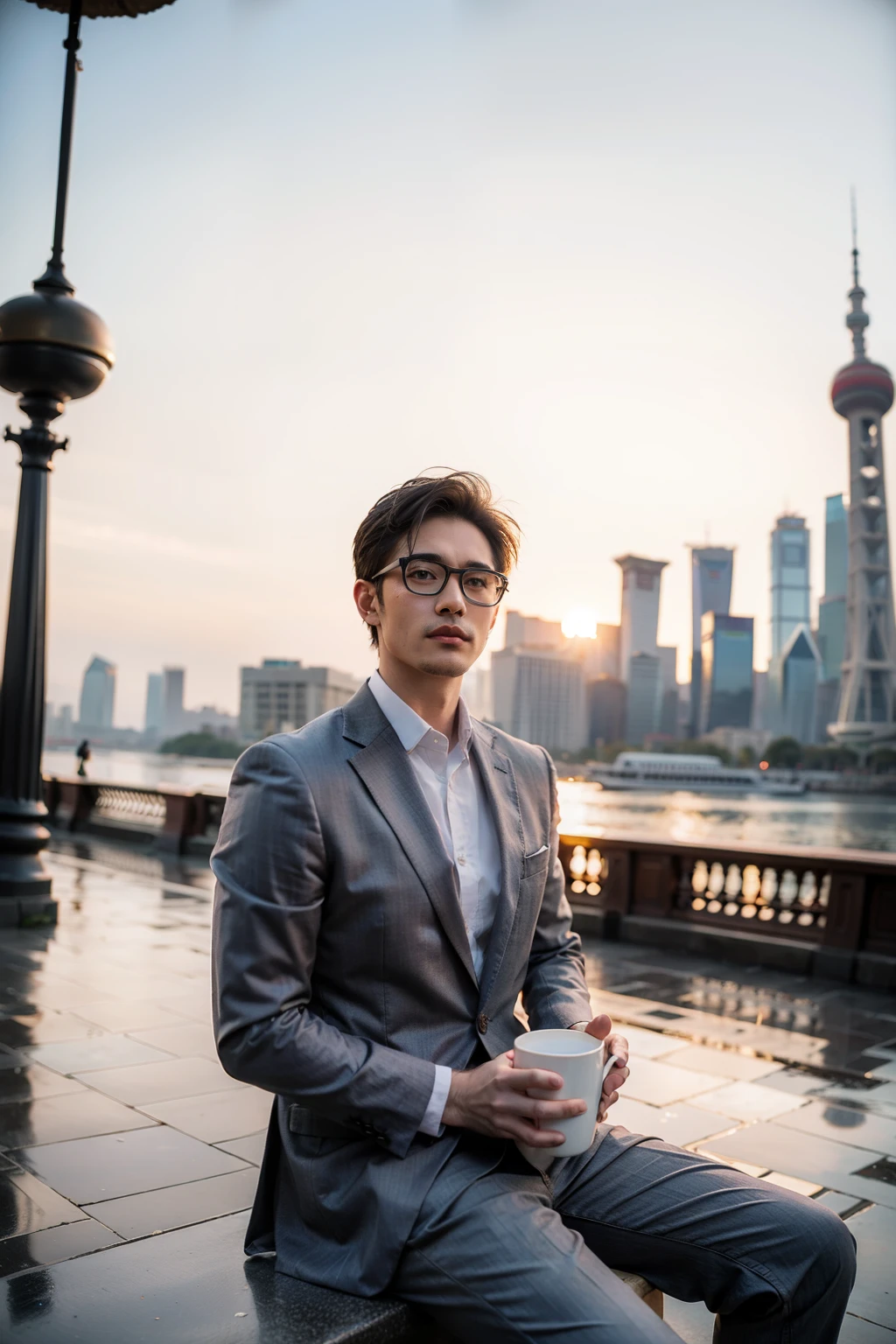 one example　
Man with glasses　oriental　Set　Beardless Purple Suit　　
comics　wide awake　Hand in pocket in front of the Oriental Pearl Tower on the Bund in Shanghai,Sunset,Holding a colorful mug in one hand,Sitting at a cafe with parasol on the street, 
