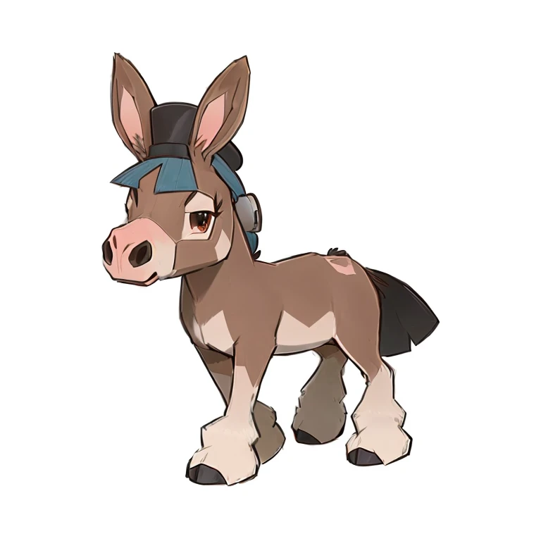 a cartoon donkey with a hat on its head, donkey, mule, eevee, style of pokemon, new pokemon, illustration pokemon, similar to pokemon, style of cute pokemon, anthropomorphic mare, mystery pokemon, weird pokemon, hybrid of mouse and horse, donkey ears, ashy, very stylized, video game dunkey, conceptual mystery pokemon