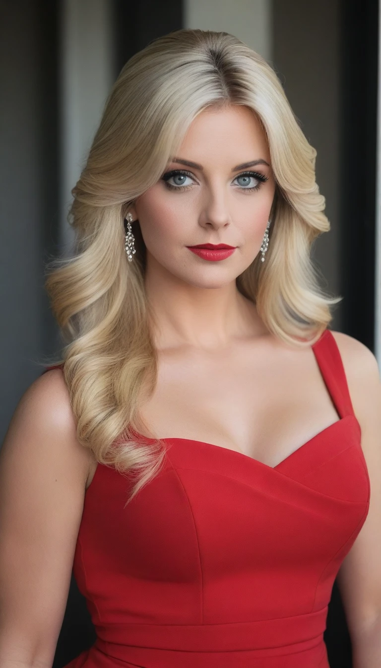 Amy,blonde,grey eyes,red dress