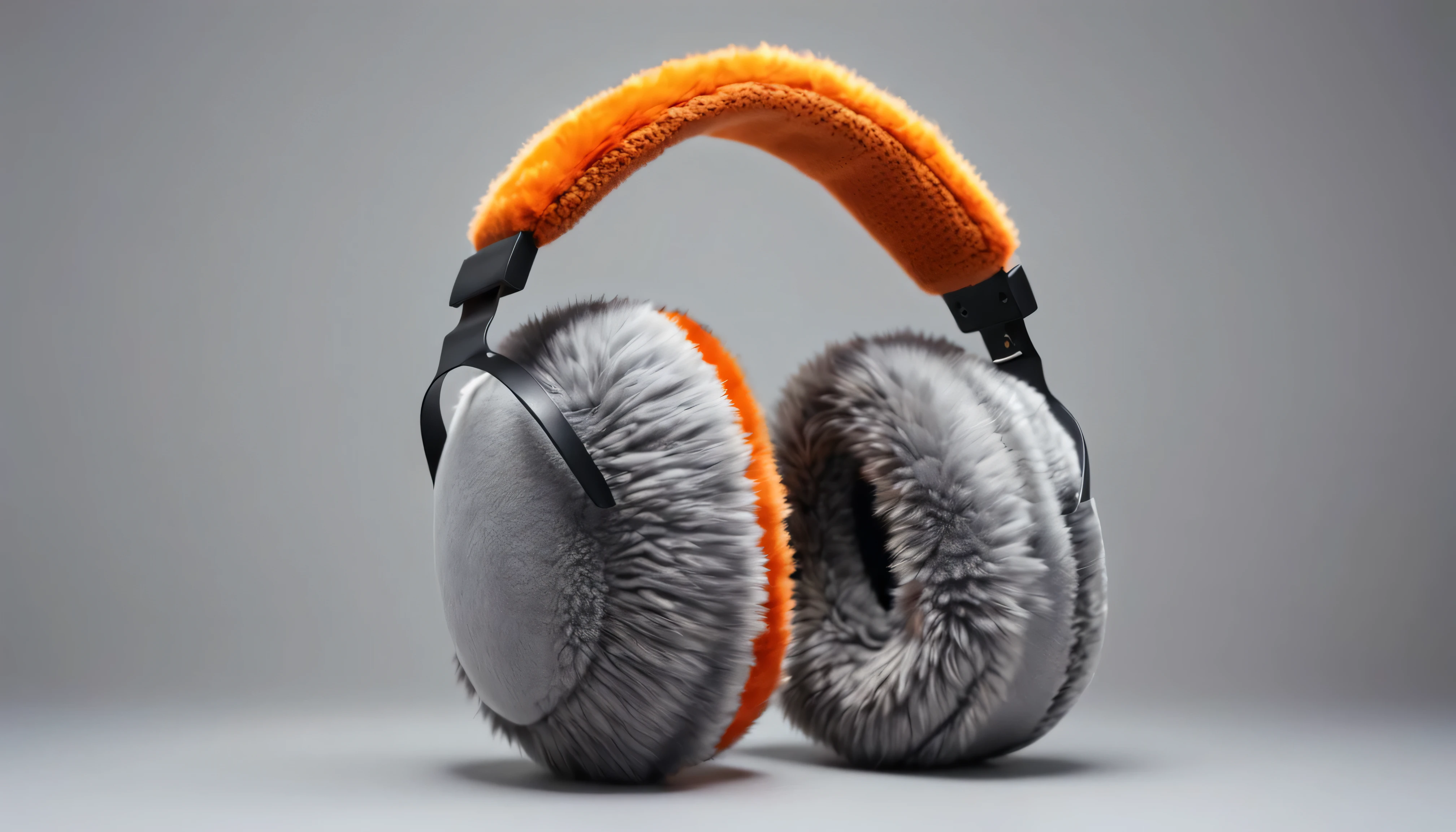 a cozy pair of earmuffs, extremely detailed, grey and orange color, warm and fuzzy texture, photorealistic, studio lighting, sharp focus, highly detailed, realistic, professional photography, clean background, minimalist style