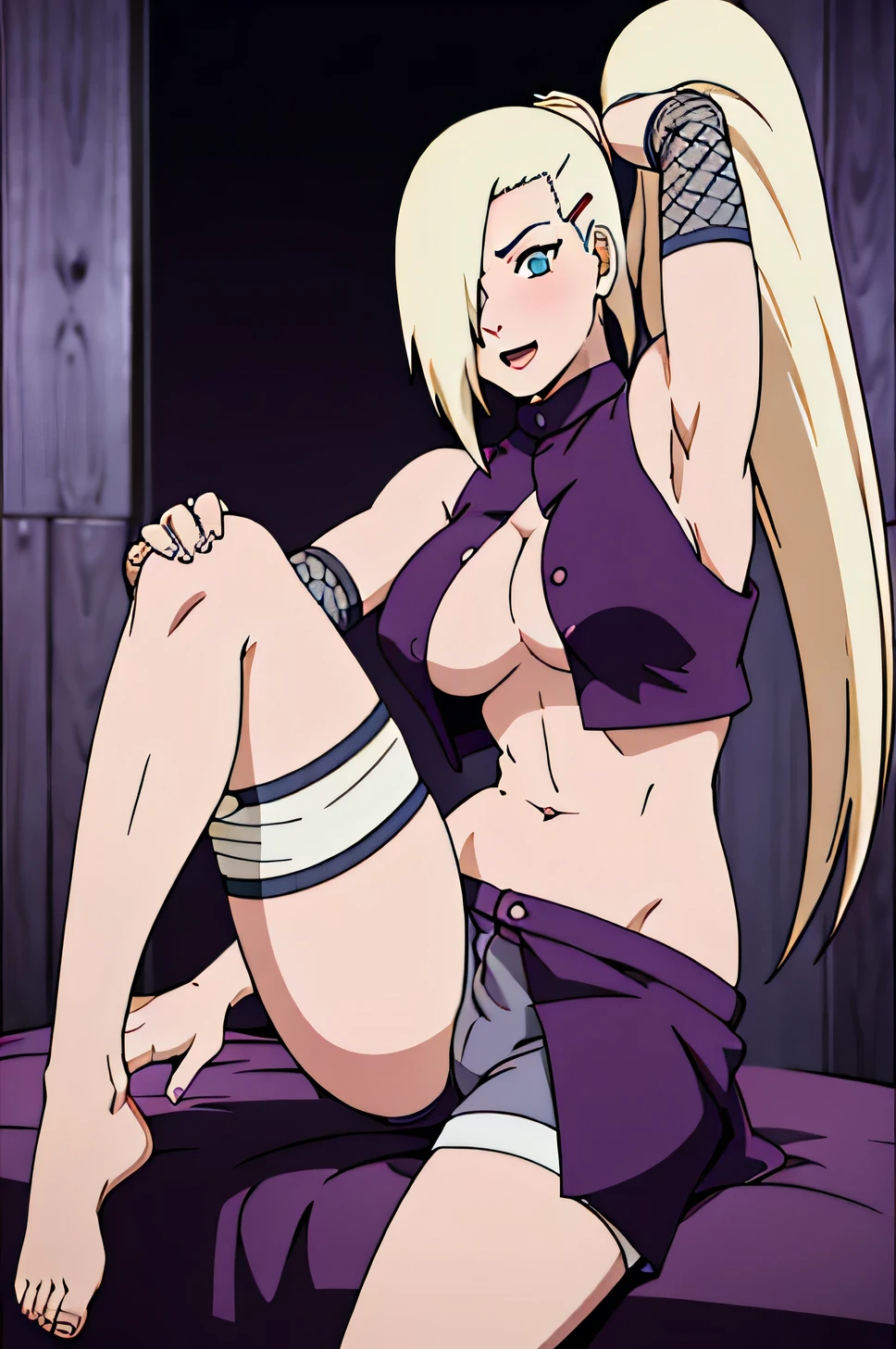 Ino Yamanaka, charming, Groin, cowboy shoot, Extraordinarily detailed face,bedroom,sitting on the bed,Sit with one leg raised.,sunny day, Daytime, Target focus, anime style, alone, House details, Blonde, ((One eye is covered with fur., Hair over the eyes)), Medium bust, Belly button, looking at the audience, ( curved body), hidden eyes, smile, open mouth, very happy, high, Hair clips, Looks sharp, Sharp face, Sharp eyes, cool colors,Knees up,Beautiful legs,(((middle open shirt,Beautiful nipples, Hard nipple, Medium boobs,Show your legs, blushing))), ความละเอียดhigh, best quality, sexy ,angle ,Thrust through the legs,