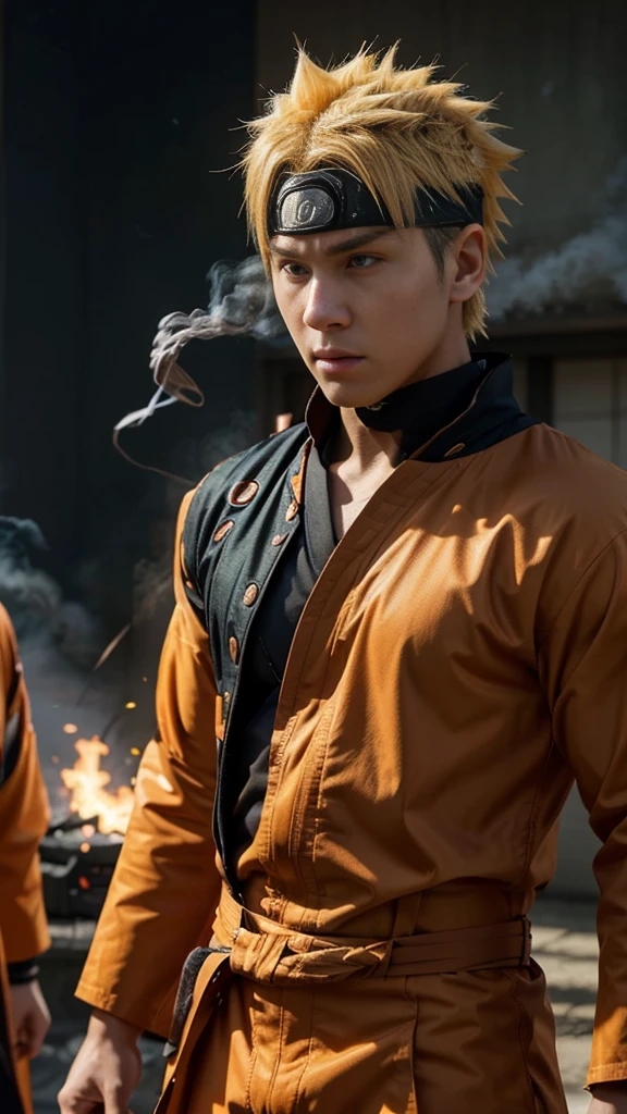 A realistic depiction of Naruto Uzumaki in action, showcasing his Shadow Clone Jutsu. Naruto, in his traditional ninja attire, stands confidently with his iconic orange jumpsuit and blue forehead protector. His hair is spiky and blonde, and his facial expression is determined. Two shadow clones of Naruto emerge from a thin veil of smoke, accurately capturing the anime’s dynamic energy. The scene should have a slightly blurred background to emphasize the movement and the subtle detail of the smoke dispersing around the clones. The realistic portrayal should include textured clothing, detailed facial features, and lifelike smoke effects, closely mirroring the animation style while maintaining a realistic appearance