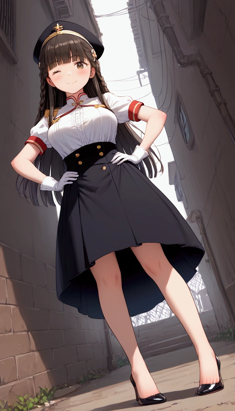 {Highest quality}, {Super beautiful},{Ultra fine},{Best illustration},Brown Hair,Hime cut,long hair,Braid,One woman,Standing Woman,Big Breasts,Strike a pose,smile,smilingly,Smile,Wink,Uniform cap,White Shirt,Short sleeve,Long black skirt,White gloves,In the back alley,Blushing,Slender,Black stiletto heels,barefoot,From an angle,from the front,From below,Place hands on hips